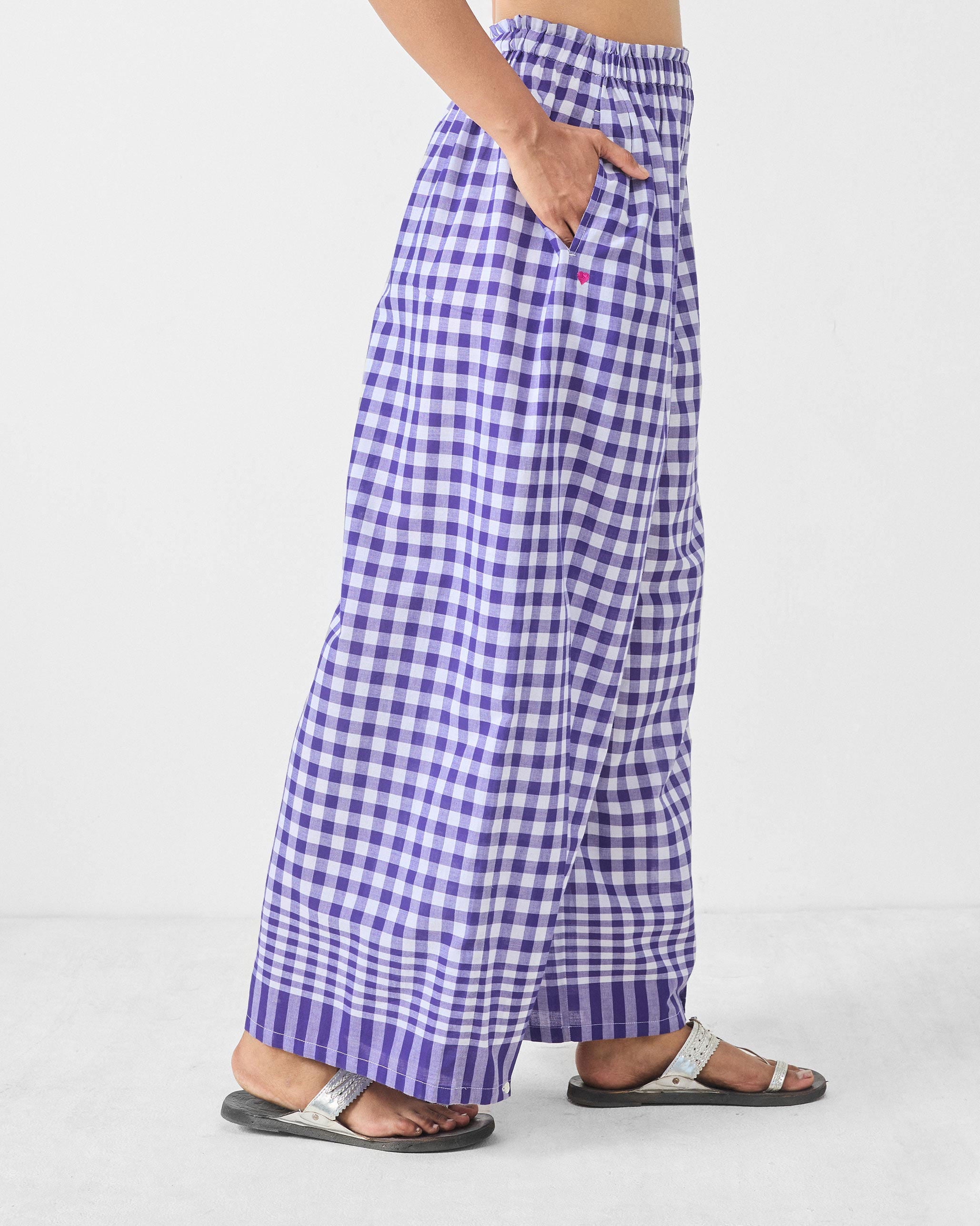 Wide Paper Bag Trousers - Purple & White Checks