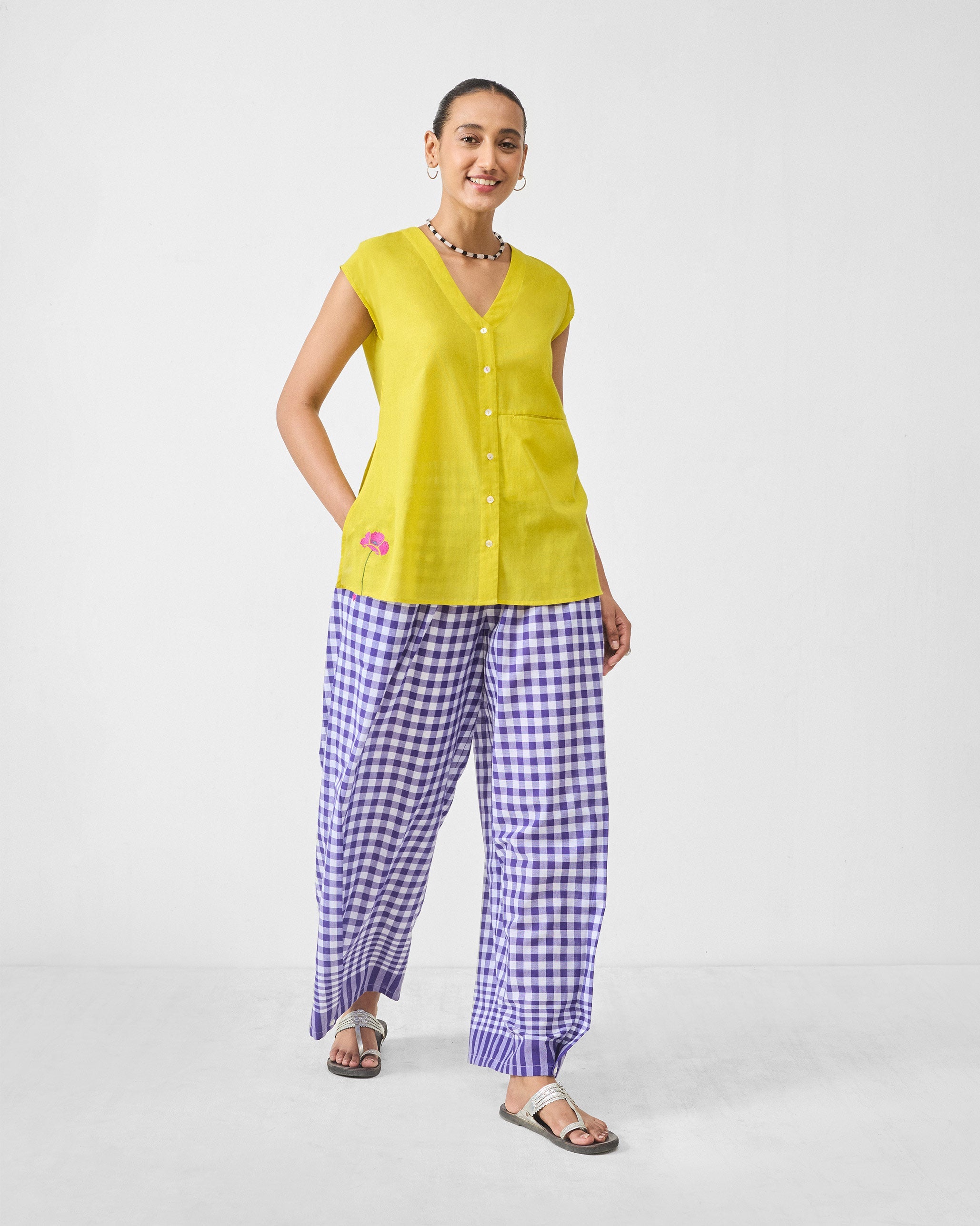 Wide Paper Bag Trousers - Purple & White Checks