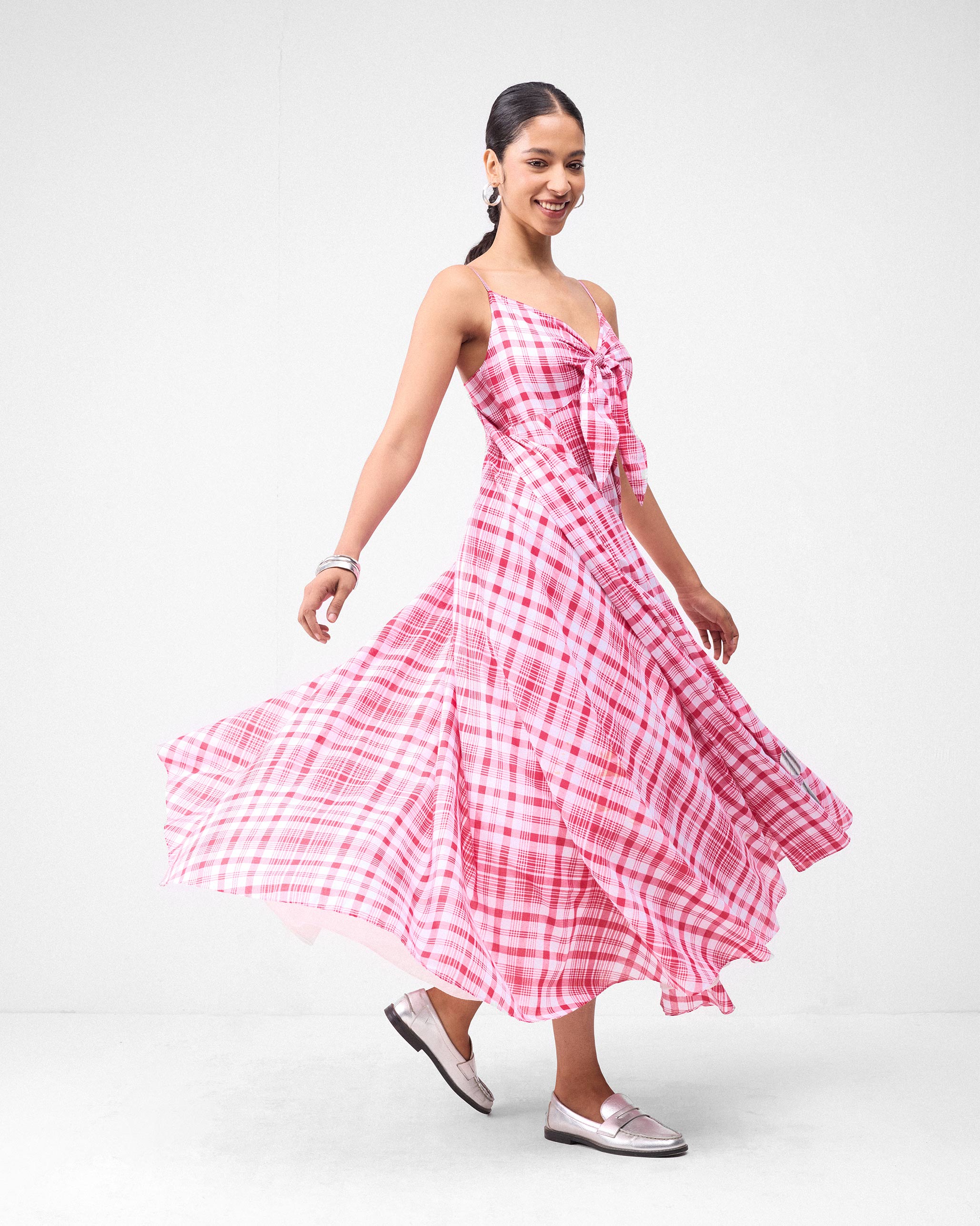 Long Strappy Dress - Watermelon & White Checks