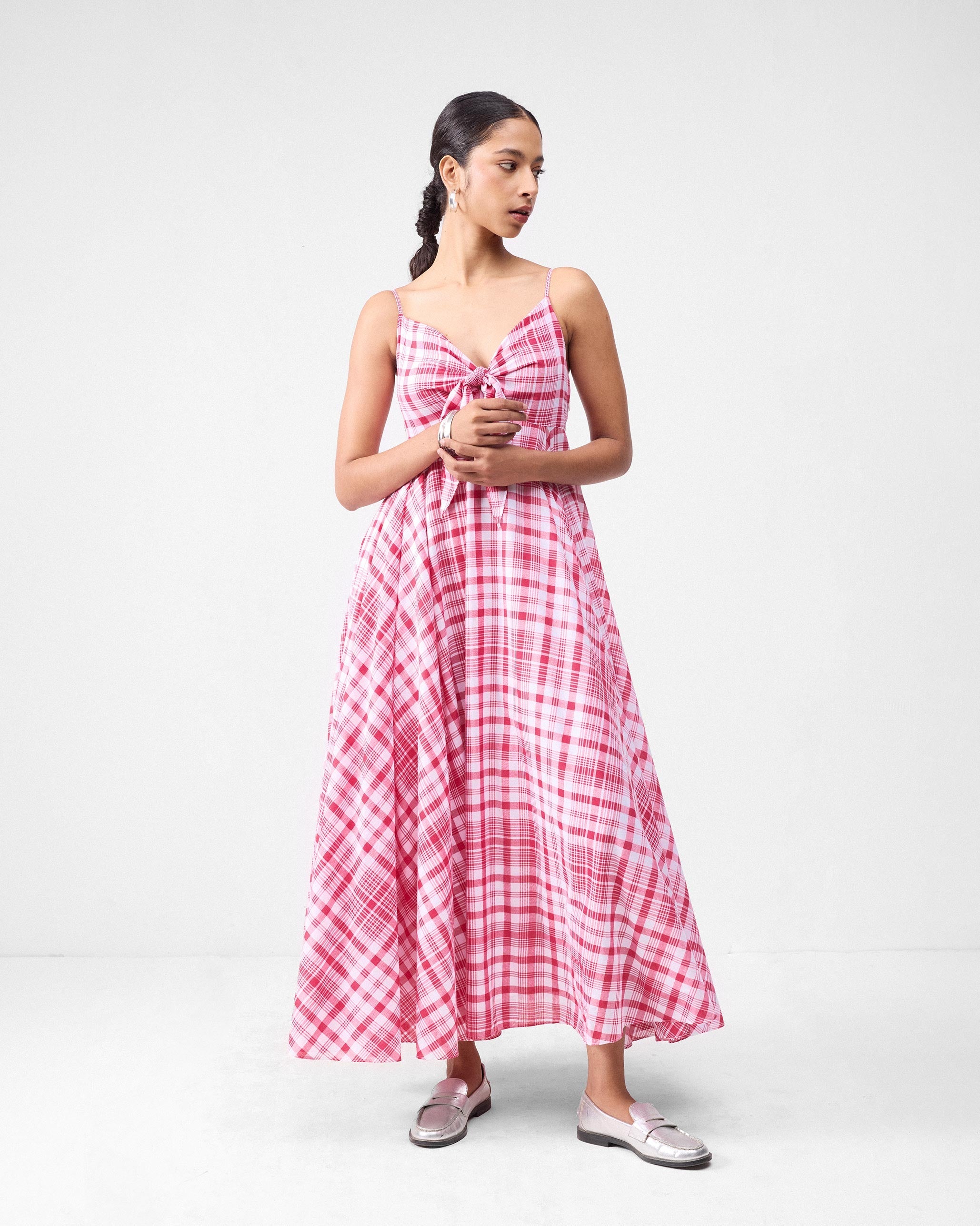 Long Strappy Dress - Watermelon & White Checks