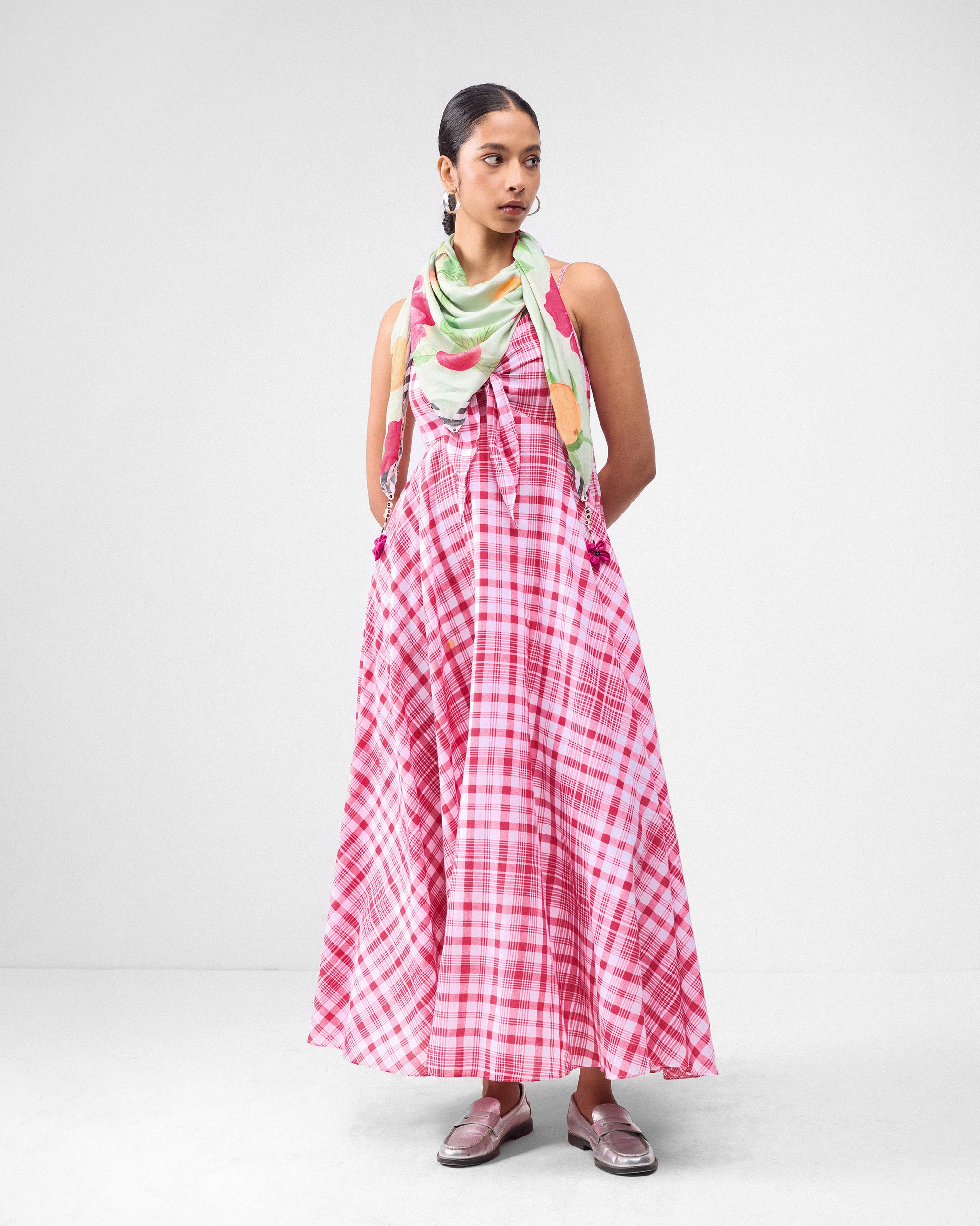 Long Strappy Dress - Watermelon & White Checks