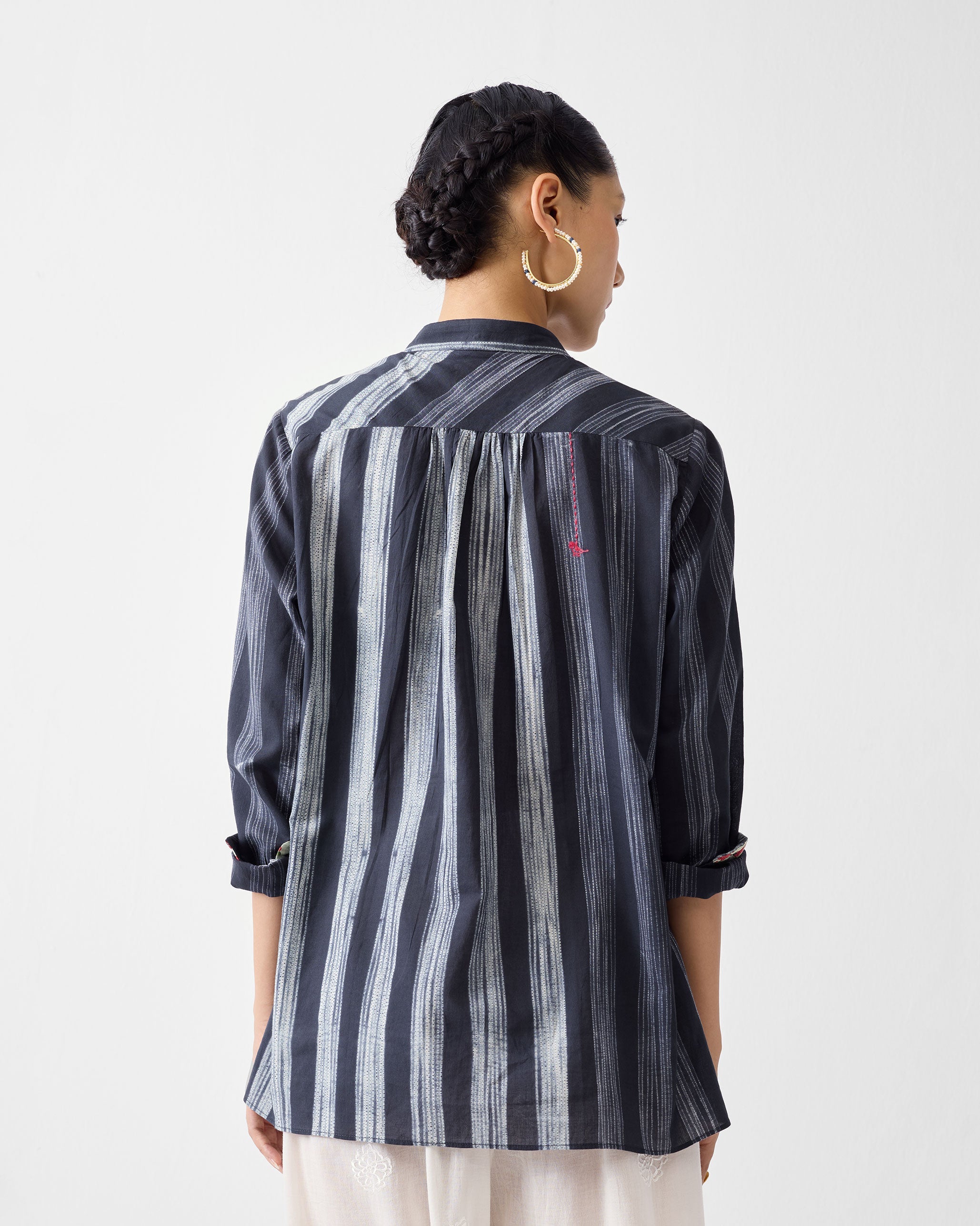 Mandarin Collar Top - Charcoal & Ivory Stripes