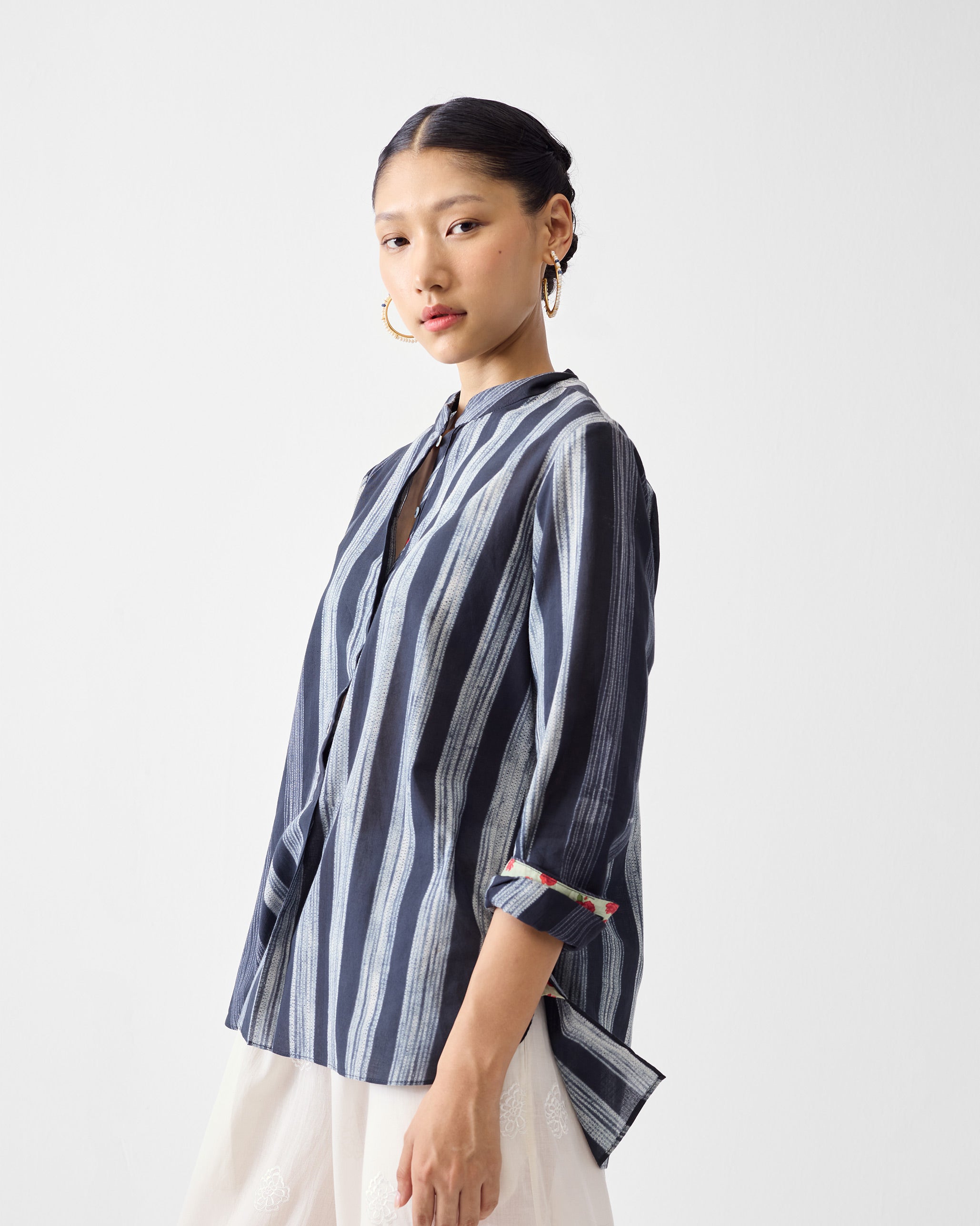 Mandarin Collar Top - Charcoal & Ivory Stripes