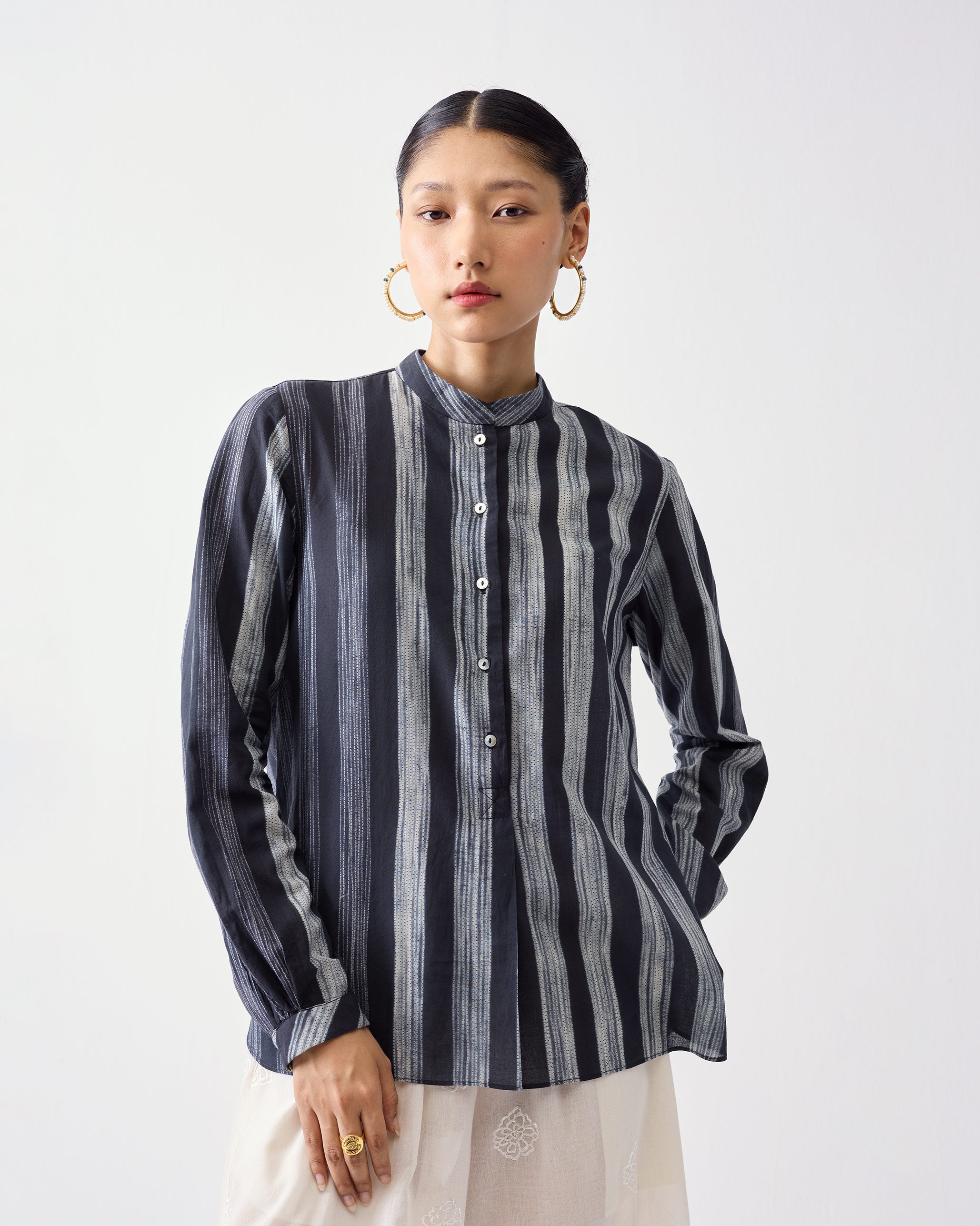 Mandarin Collar Top - Charcoal & Ivory Stripes