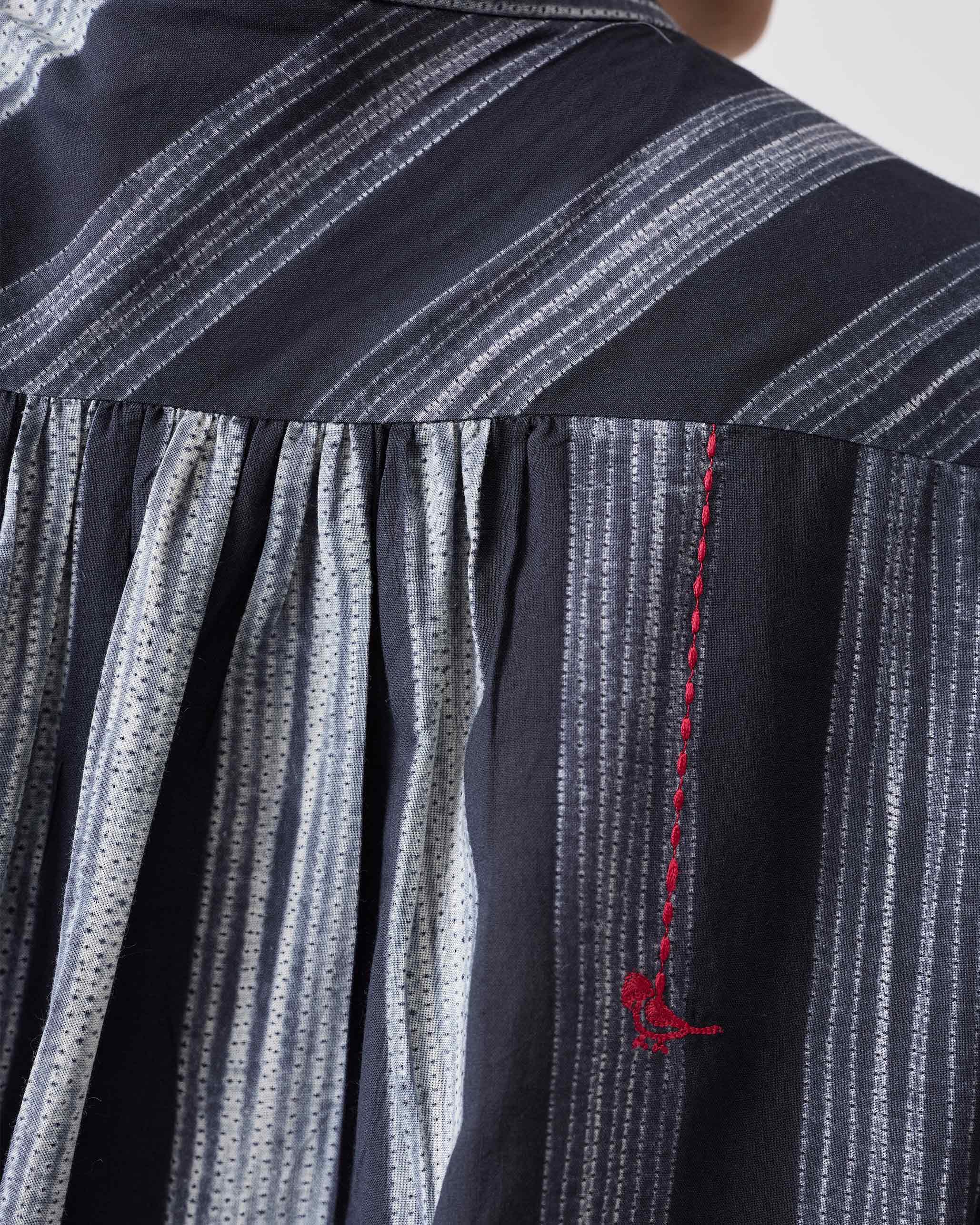 Mandarin Collar Top - Charcoal & Ivory Stripes