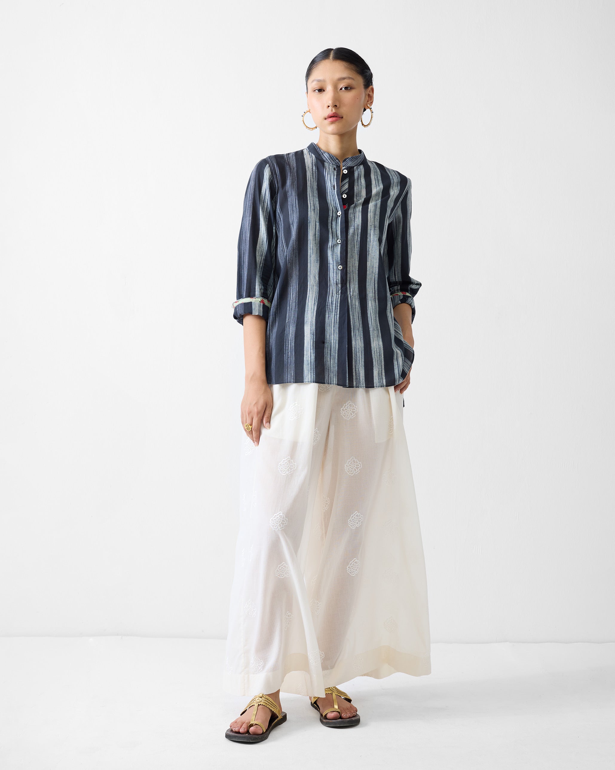 Mandarin Collar Top - Charcoal & Ivory Stripes