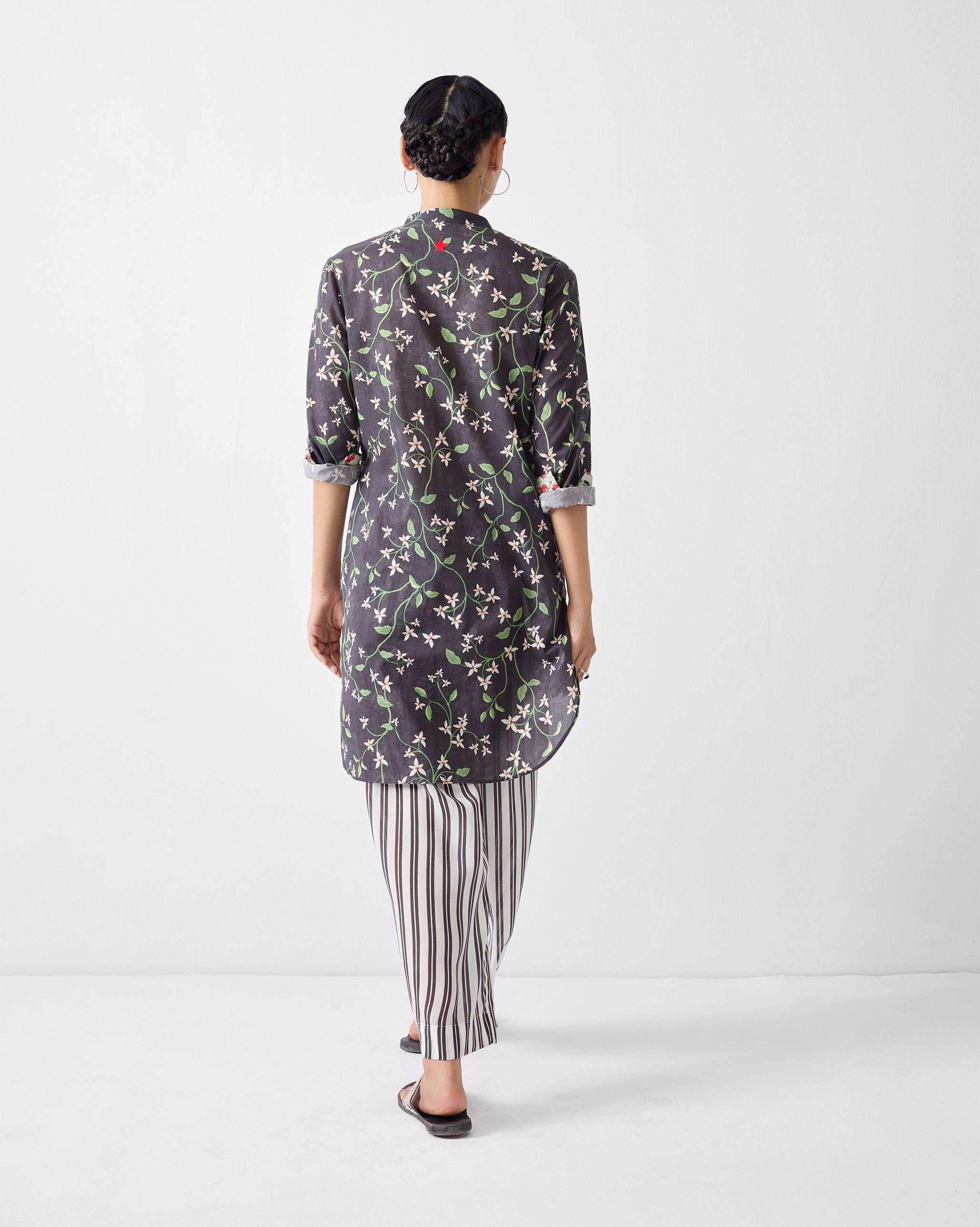 Basic Mid Length Kurta - Charcoal Print