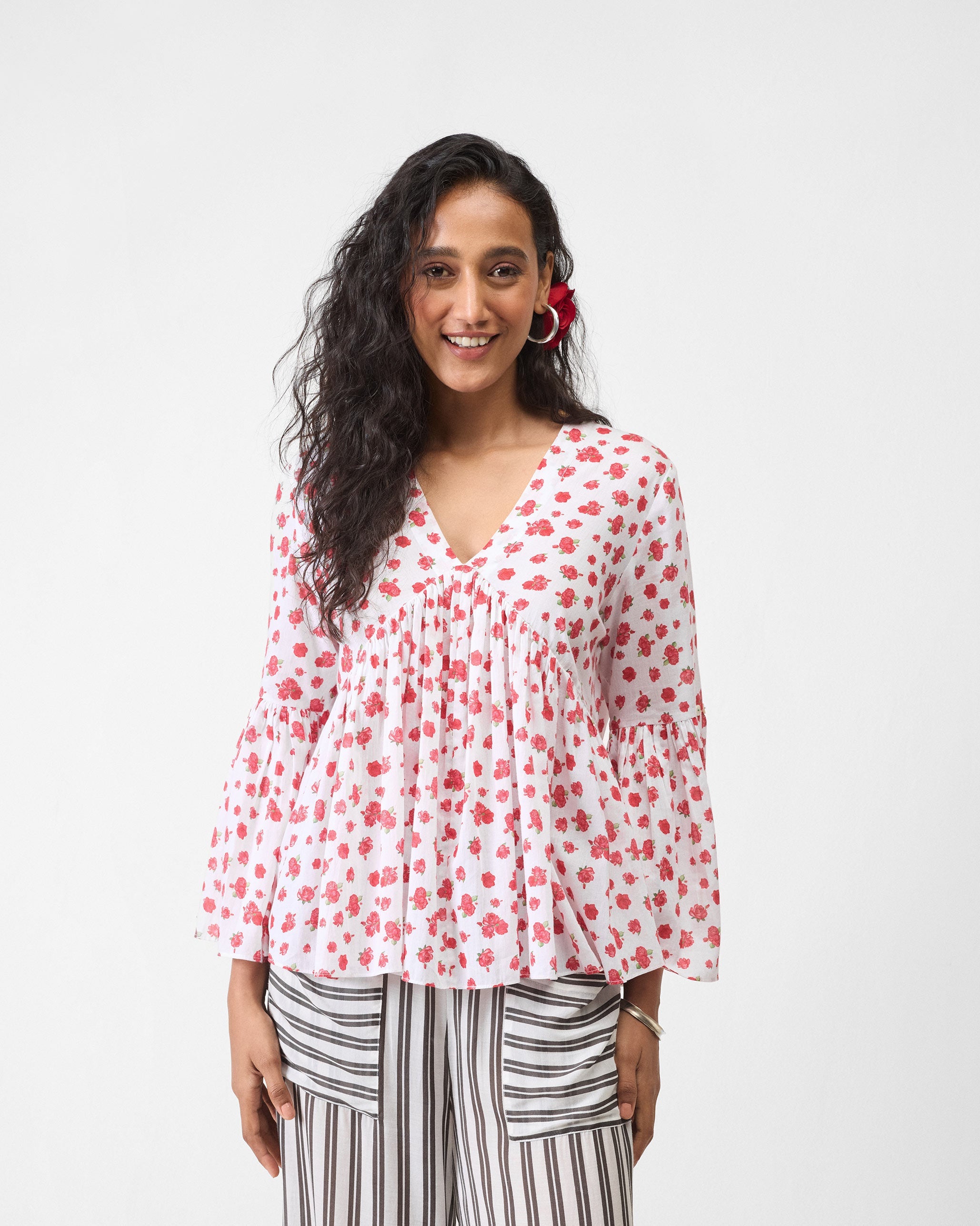 Ruffle Top - White & Watermelon Print