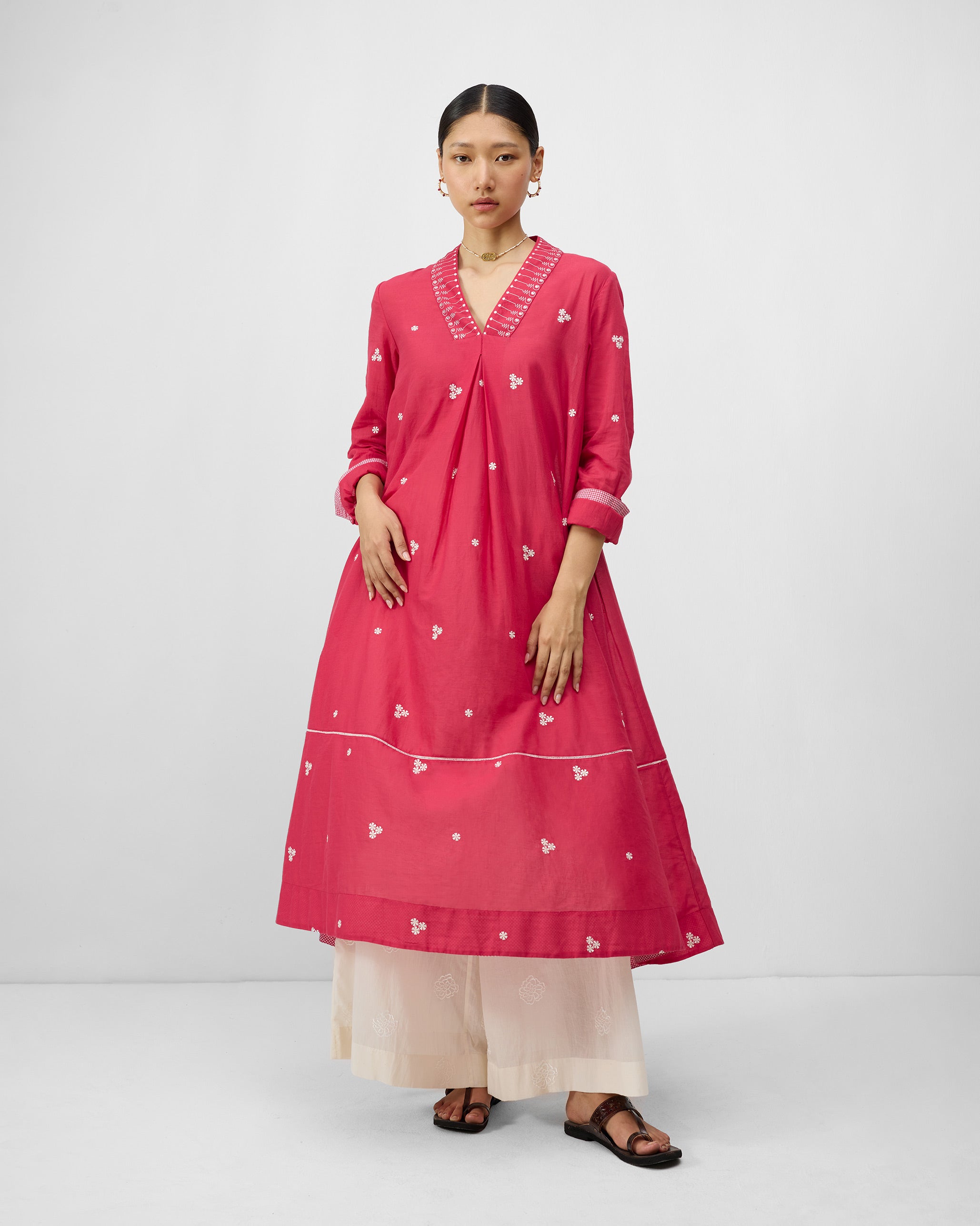 Banko V-Neck Kurta - Watermelon & Ivory Embroidered