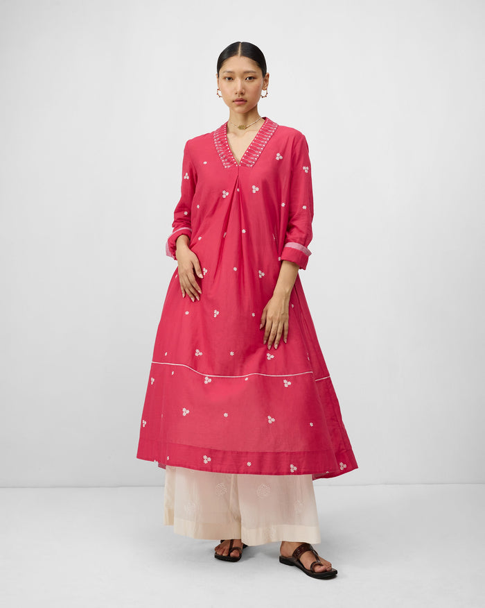 Banko V-Neck Kurta - Watermelon & Ivory Embroidered