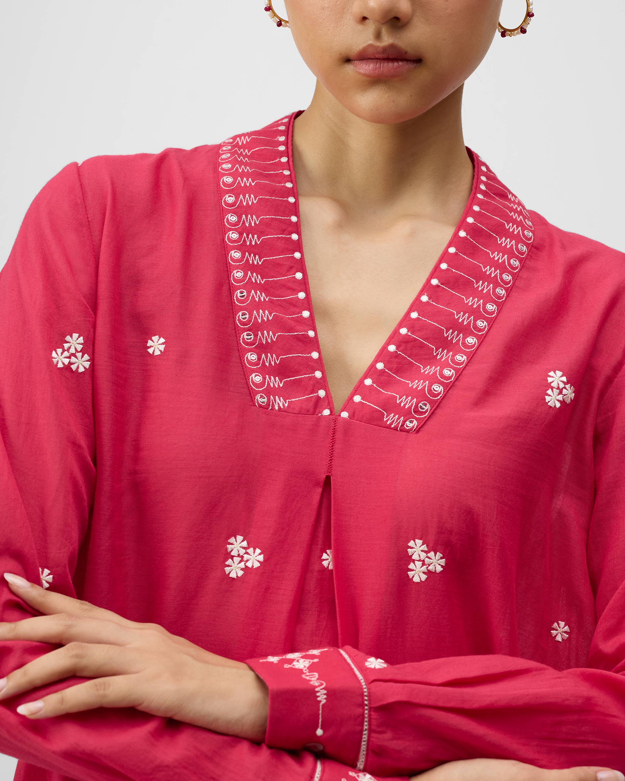 Banko V-Neck Kurta - Watermelon & Ivory Embroidered