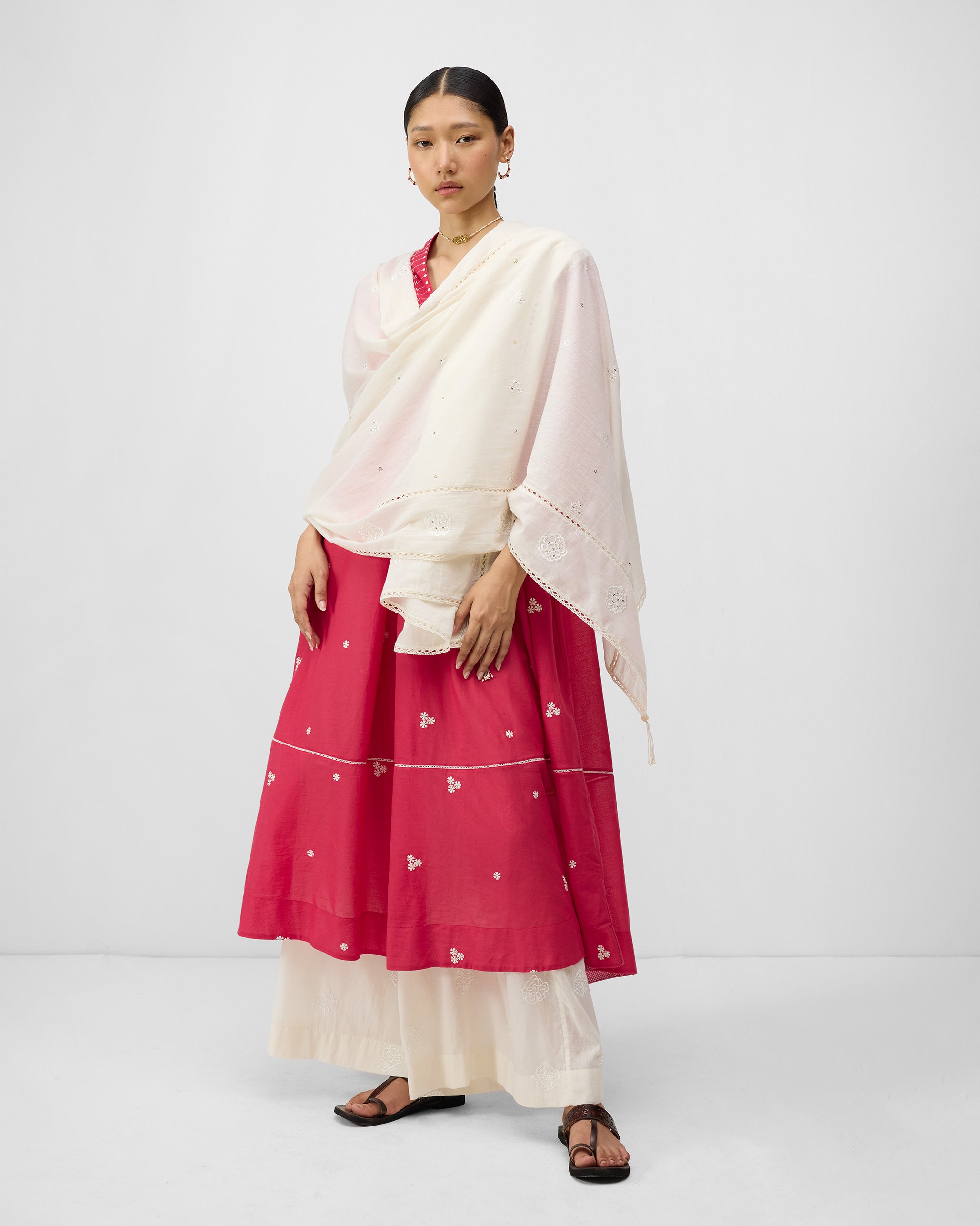 Banko V-Neck Kurta - Watermelon & Ivory Embroidered