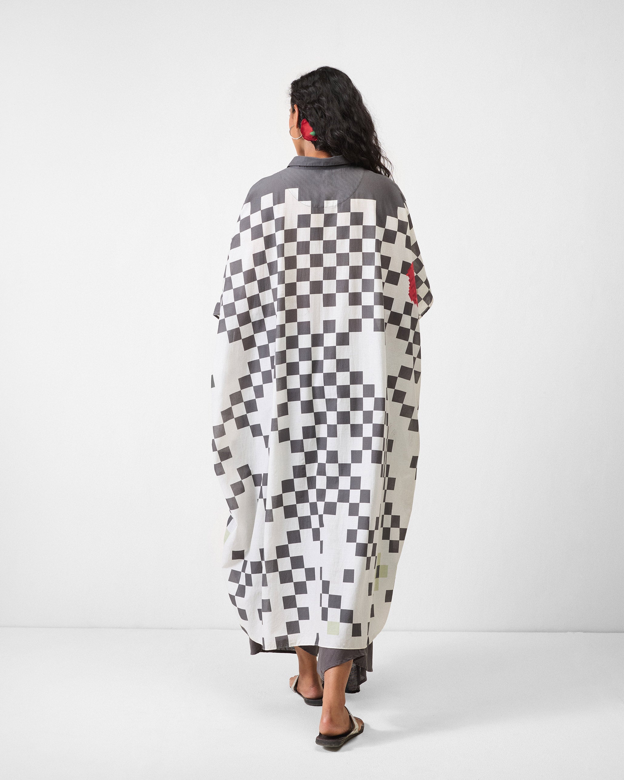 Collared Kaftan - Ivory & Charcoal Print