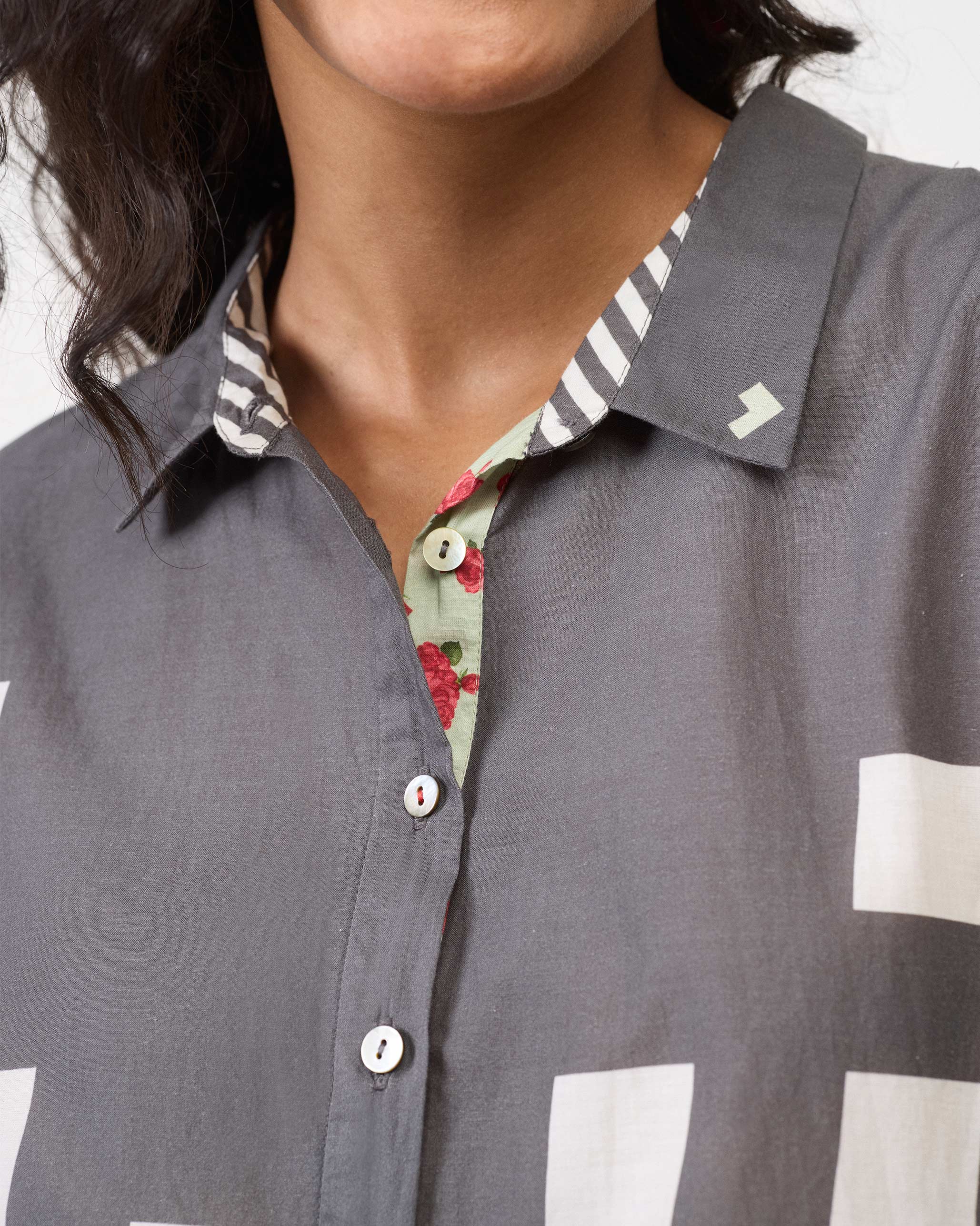 Collared Kaftan - Ivory & Charcoal Print