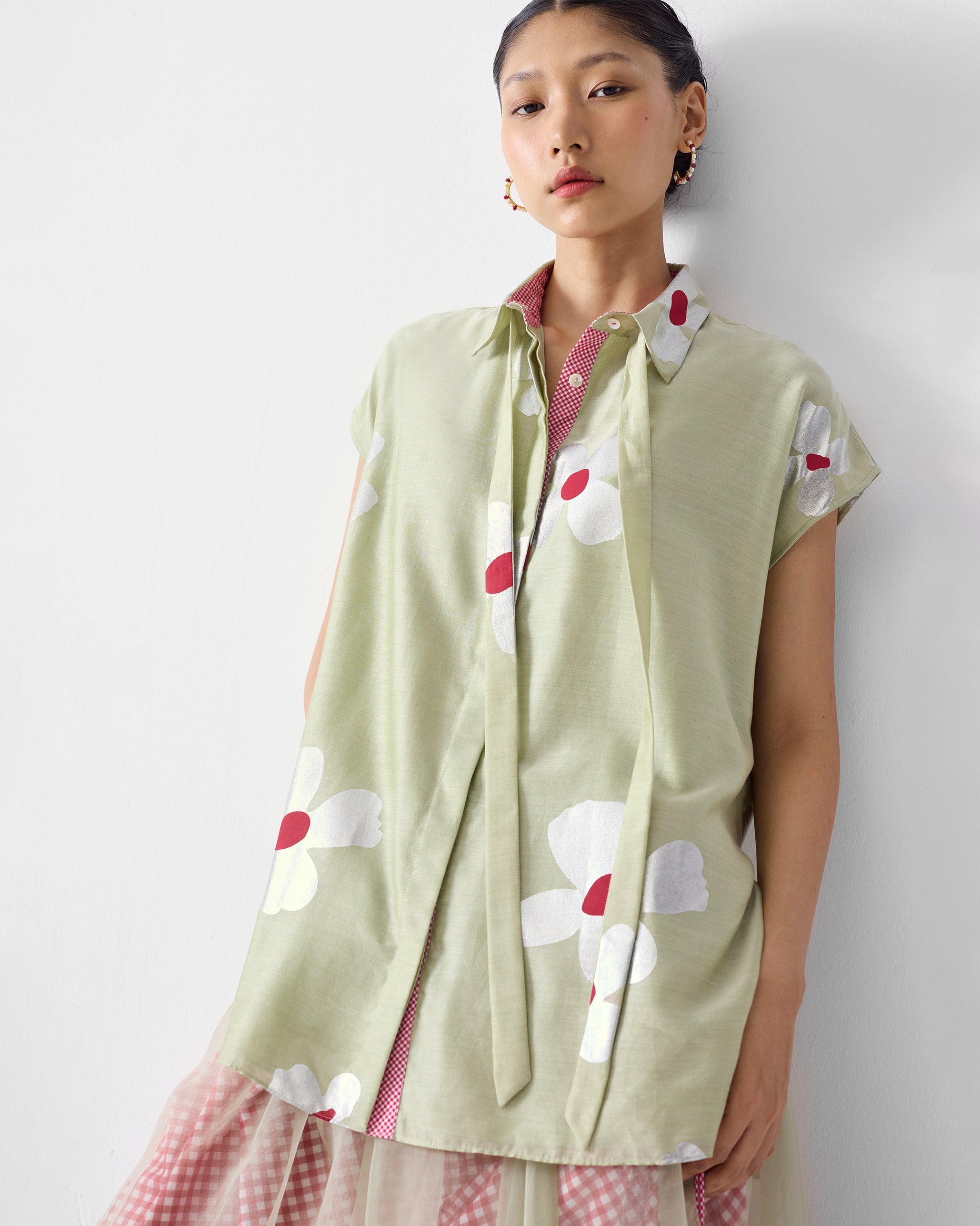 Neck Tie Shirt - Mint & Silver Print