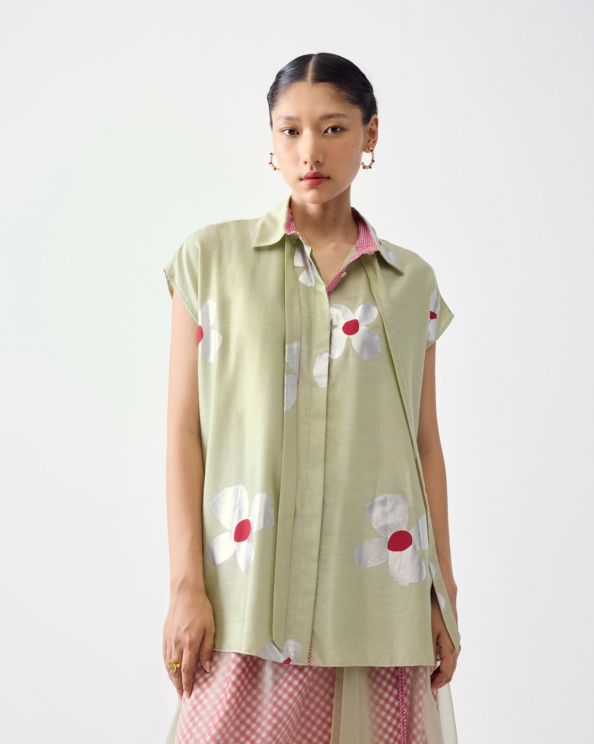 Neck Tie Shirt - Mint & Silver Print