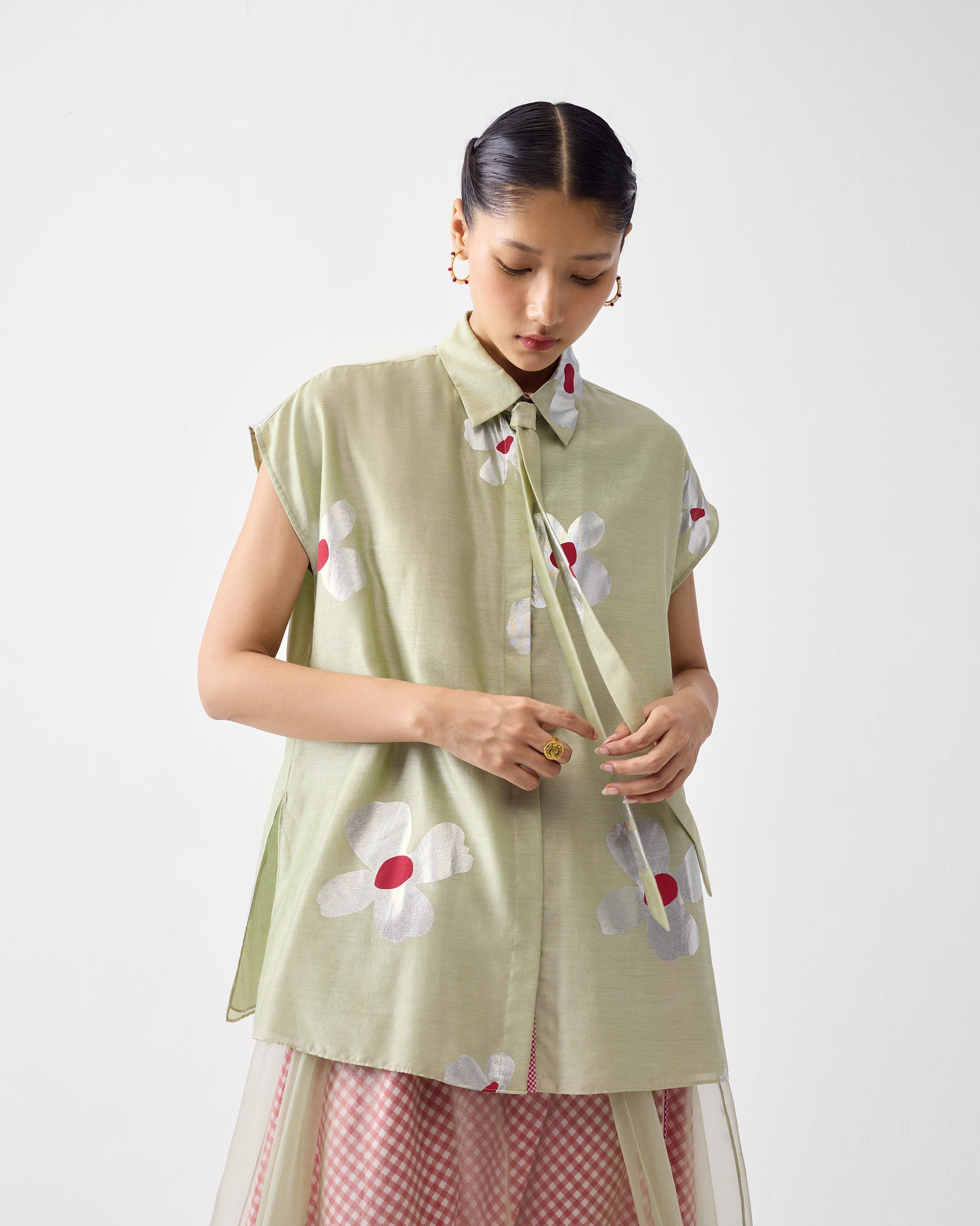 Neck Tie Shirt - Mint & Silver Print