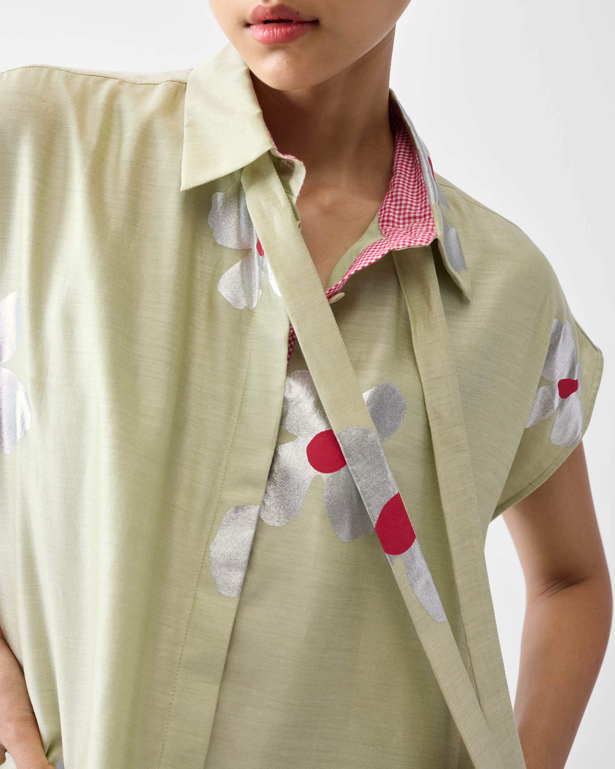Neck Tie Shirt - Mint & Silver Print