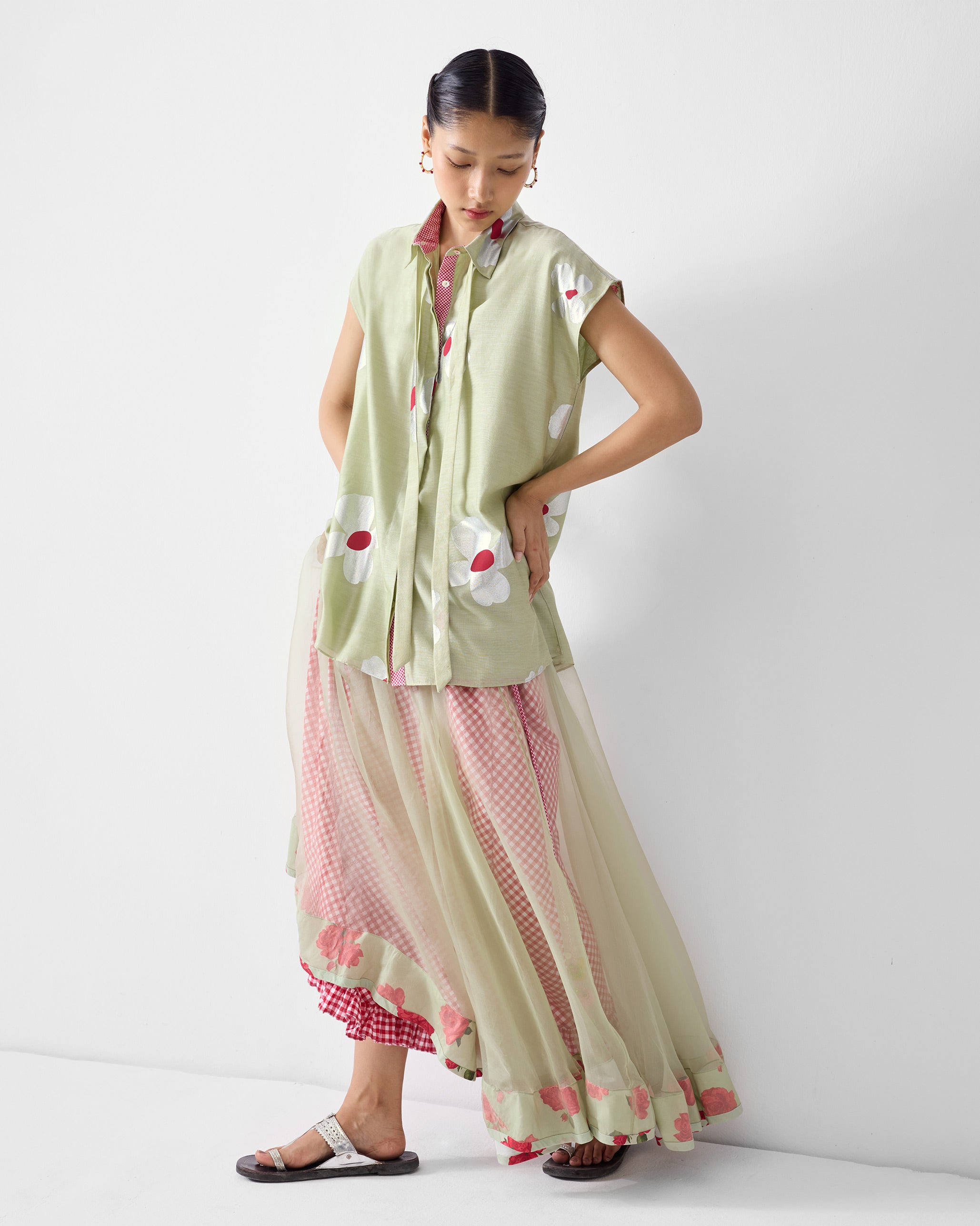 Neck Tie Shirt - Mint & Silver Print