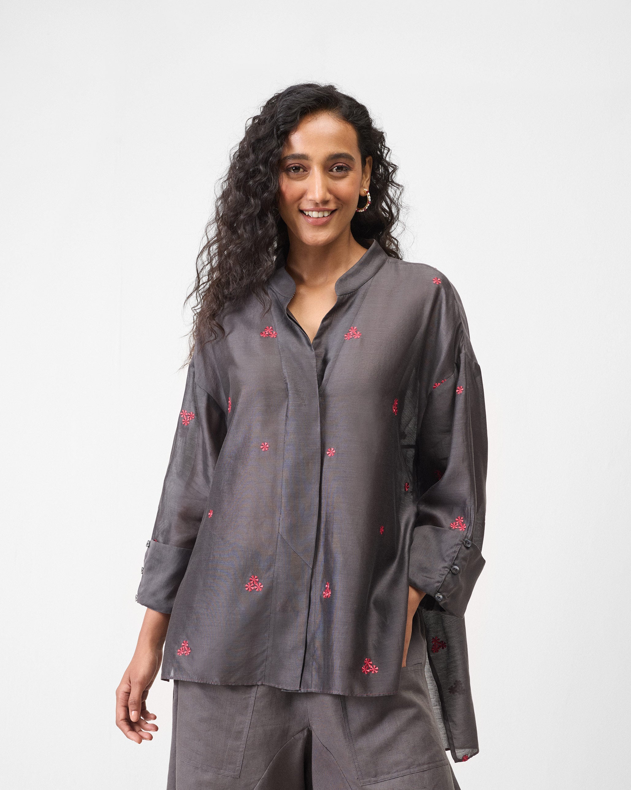 Cirrus Shirt - Charcoal & Watermelon Embroidered