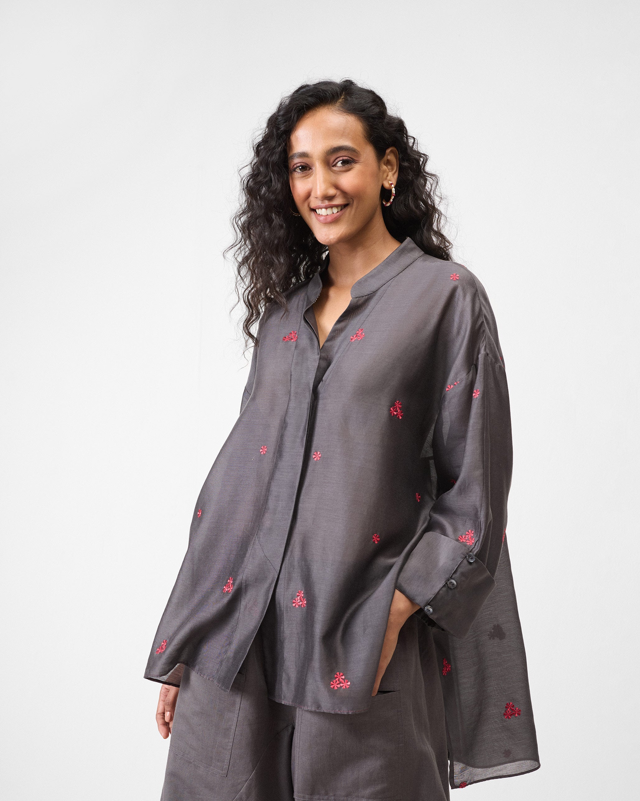 Cirrus Shirt - Charcoal & Watermelon Embroidered