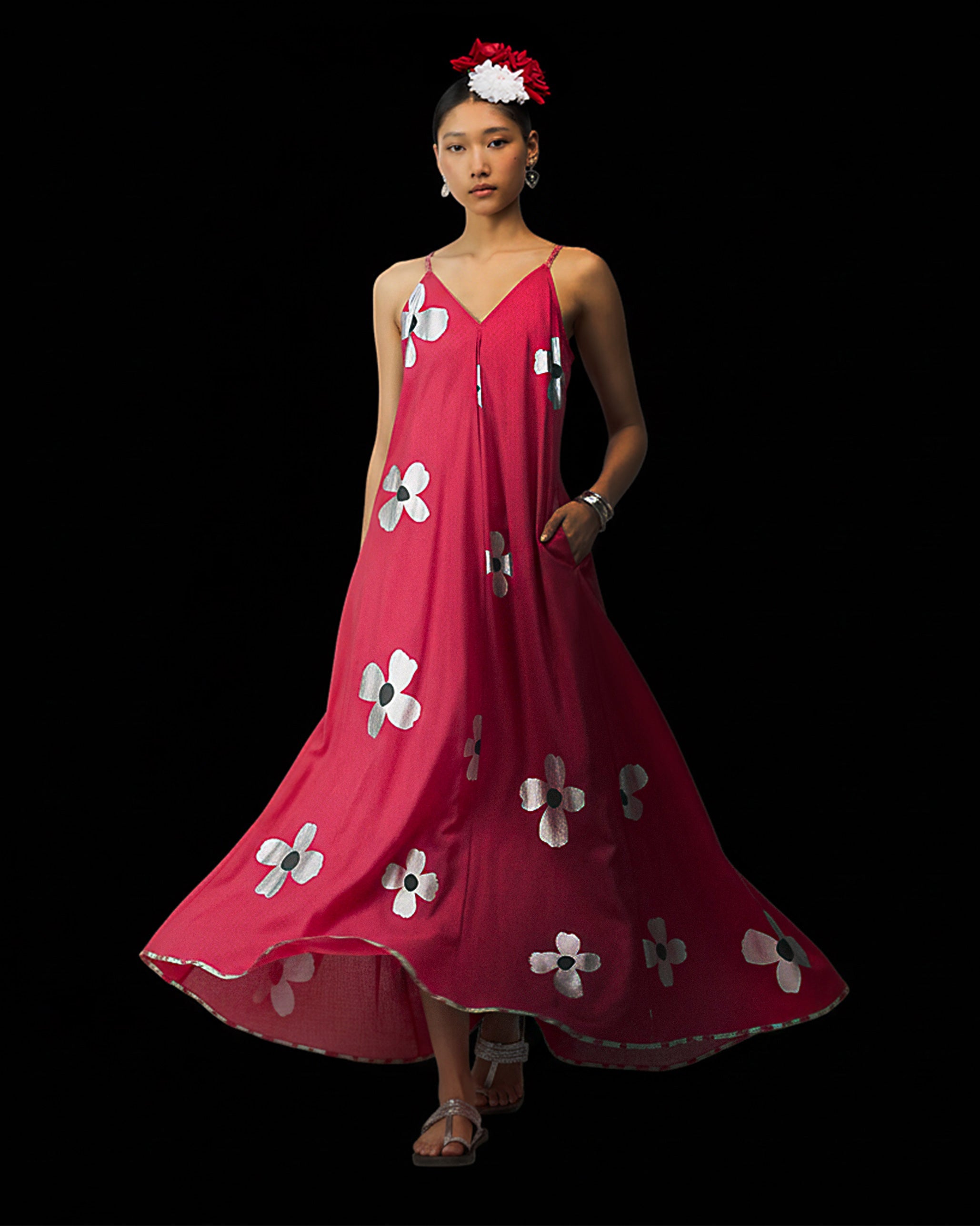 V-Neck Strappy Dress - Watermelon & Silver Print