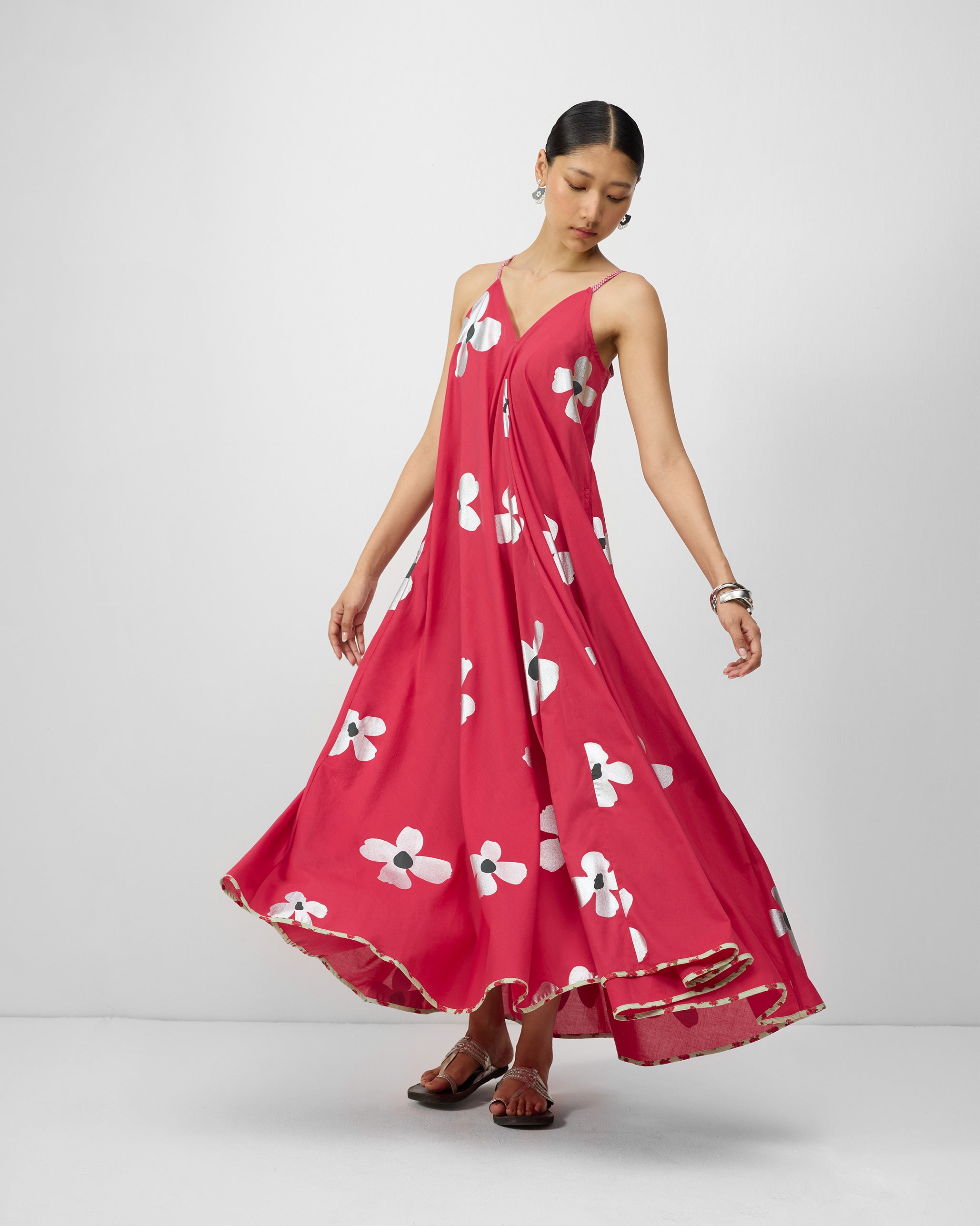 V-Neck Strappy Dress - Watermelon & Silver Print