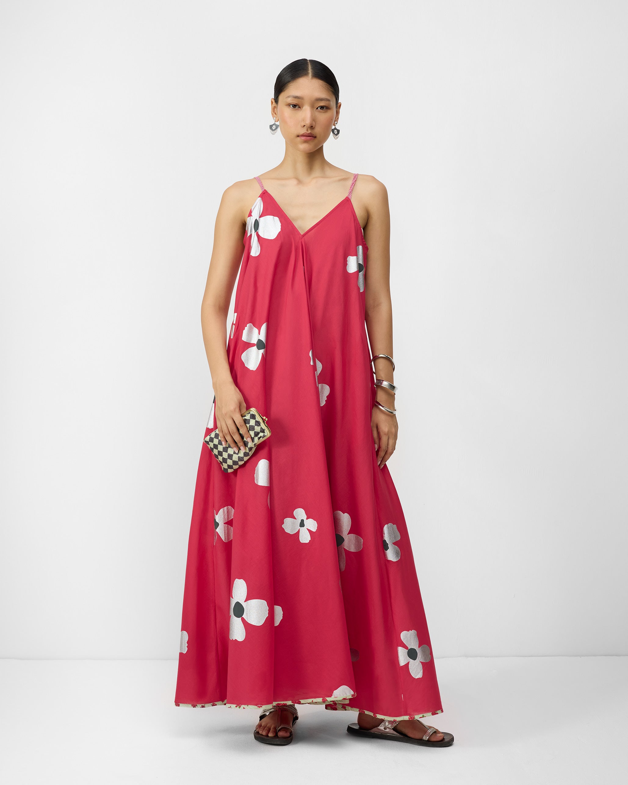 V-Neck Strappy Dress - Watermelon & Silver Print