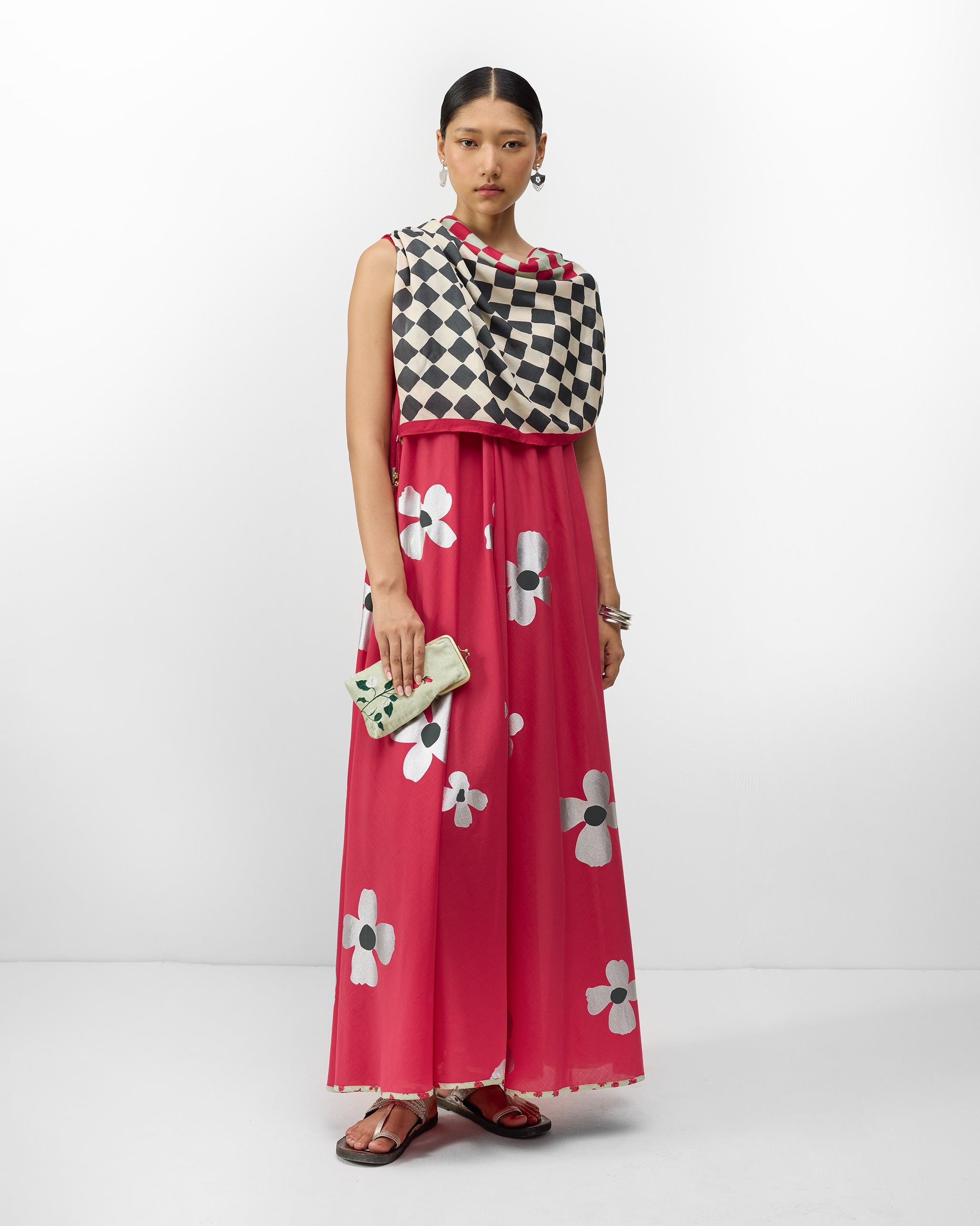 V-Neck Strappy Dress - Watermelon & Silver Print