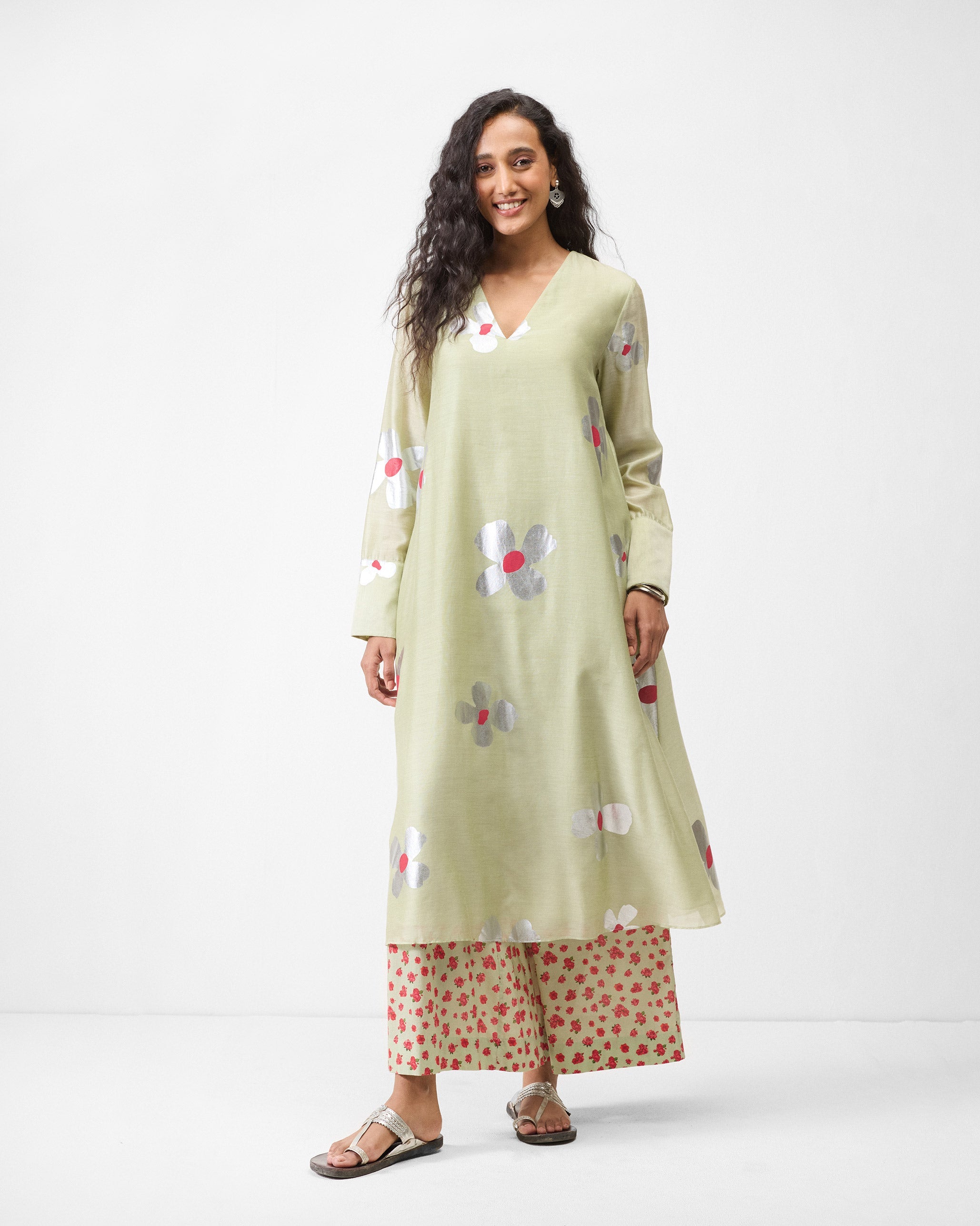 V-Neck Flared Kurta - Mint & Silver Print
