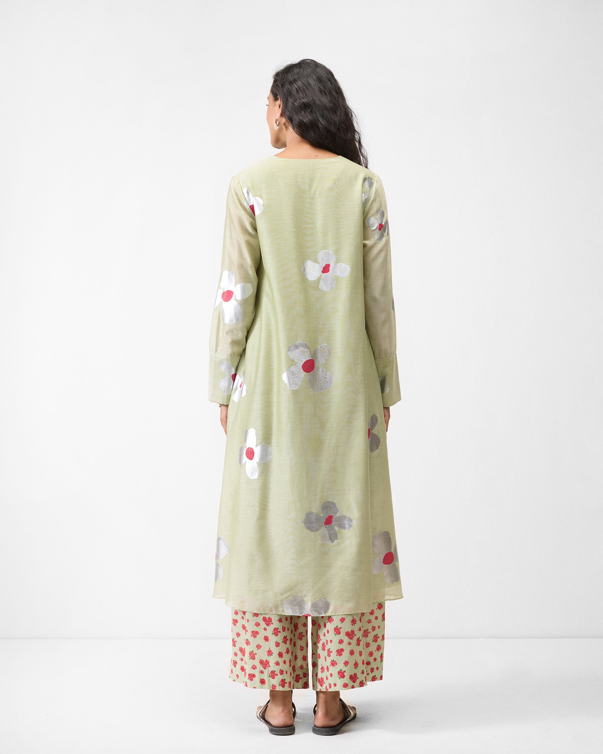 V-Neck Flared Kurta - Mint & Silver Print