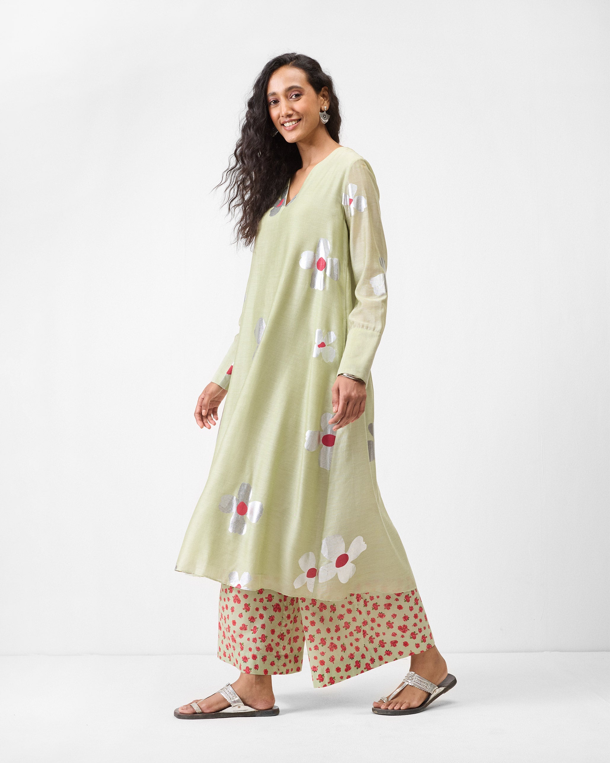 V-Neck Flared Kurta - Mint & Silver Print