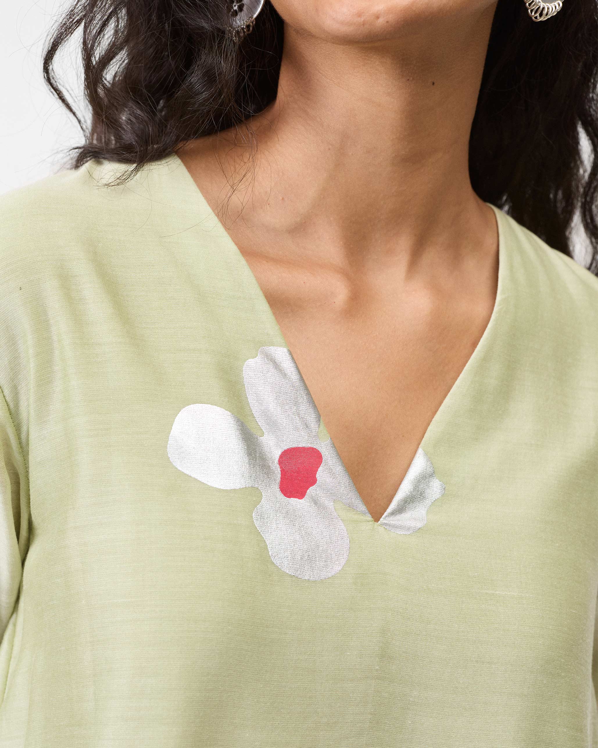 V-Neck Flared Kurta - Mint & Silver Print