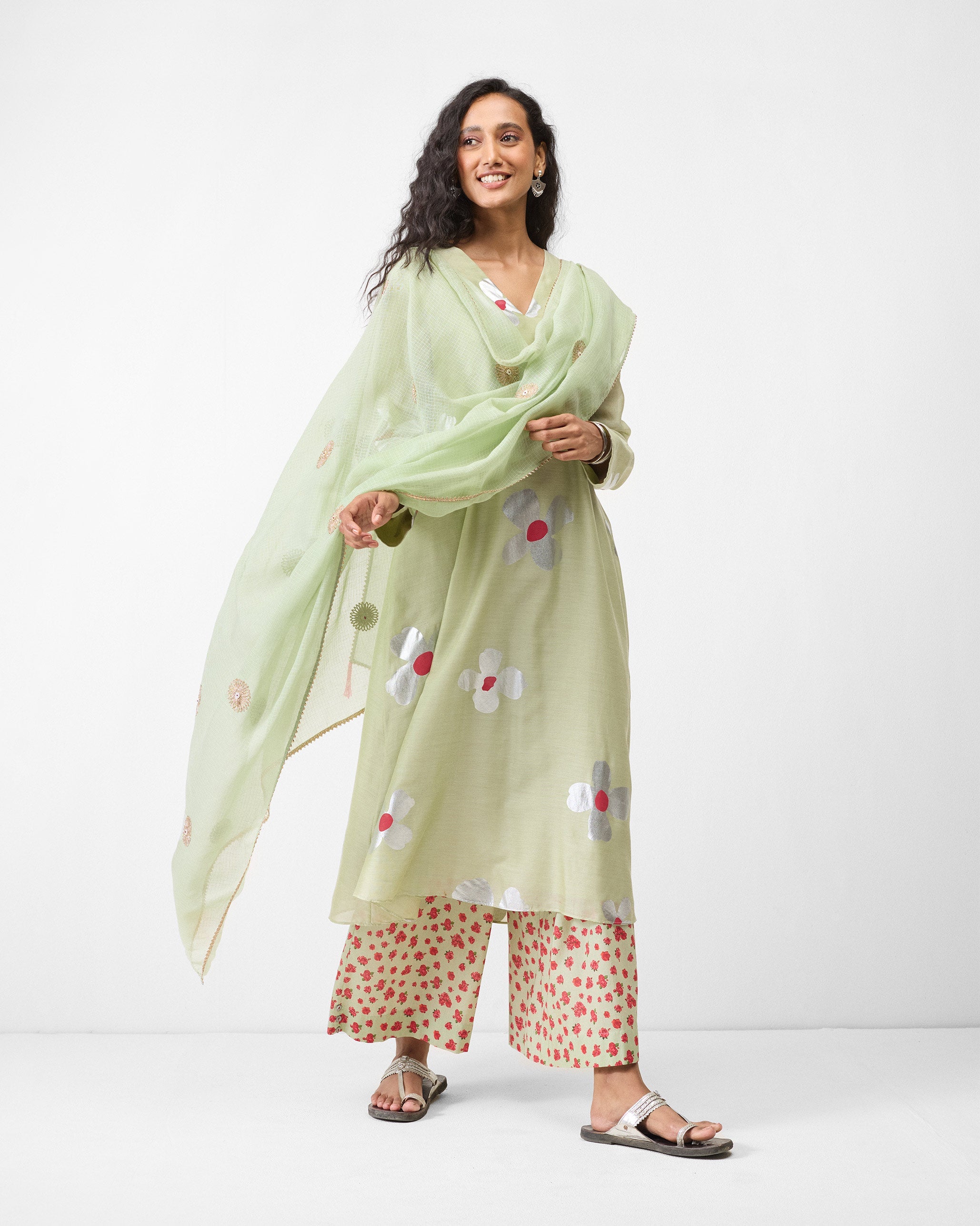 V-Neck Flared Kurta - Mint & Silver Print