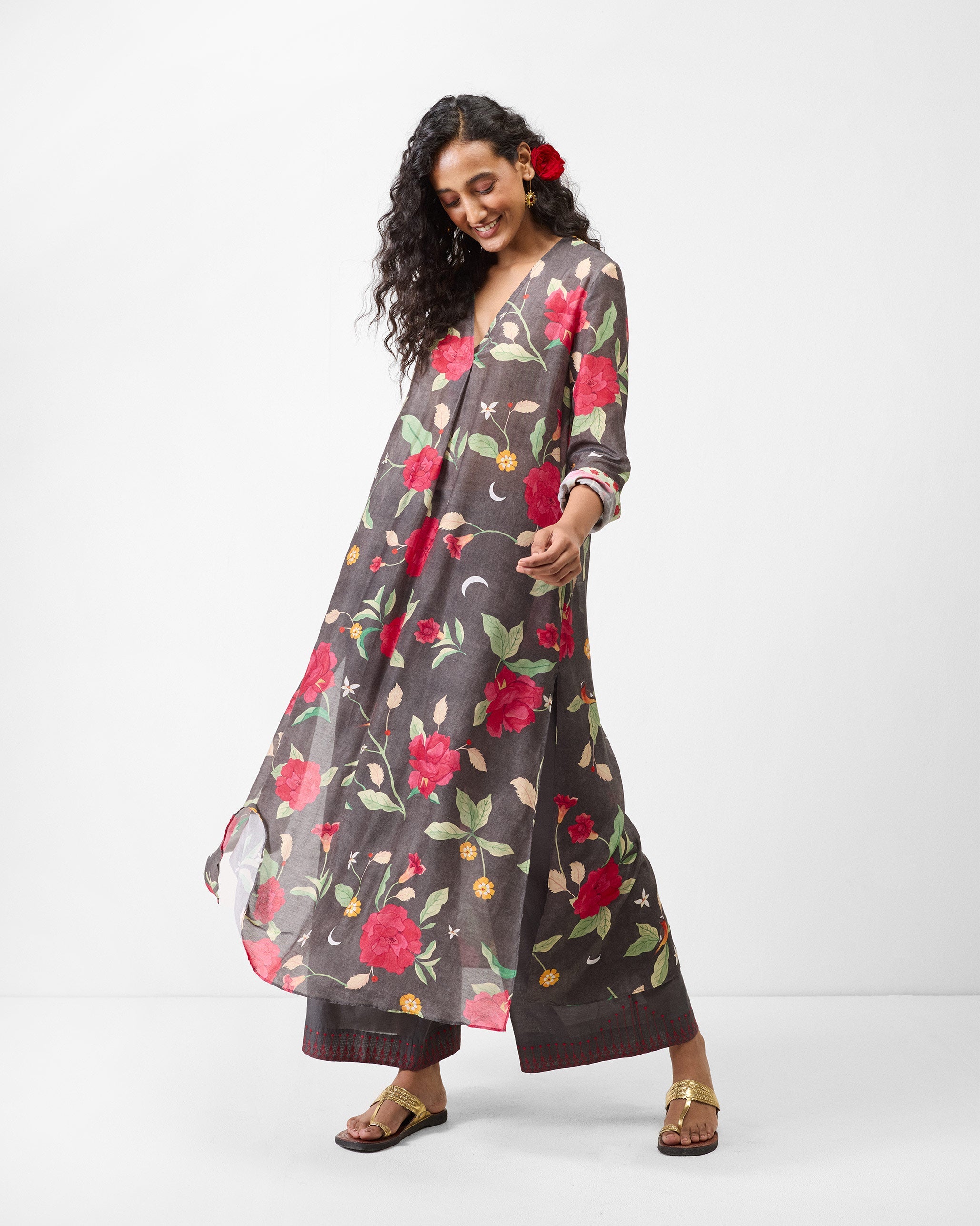 Front Pleated Kurta - Charcoal & Watermelon Print