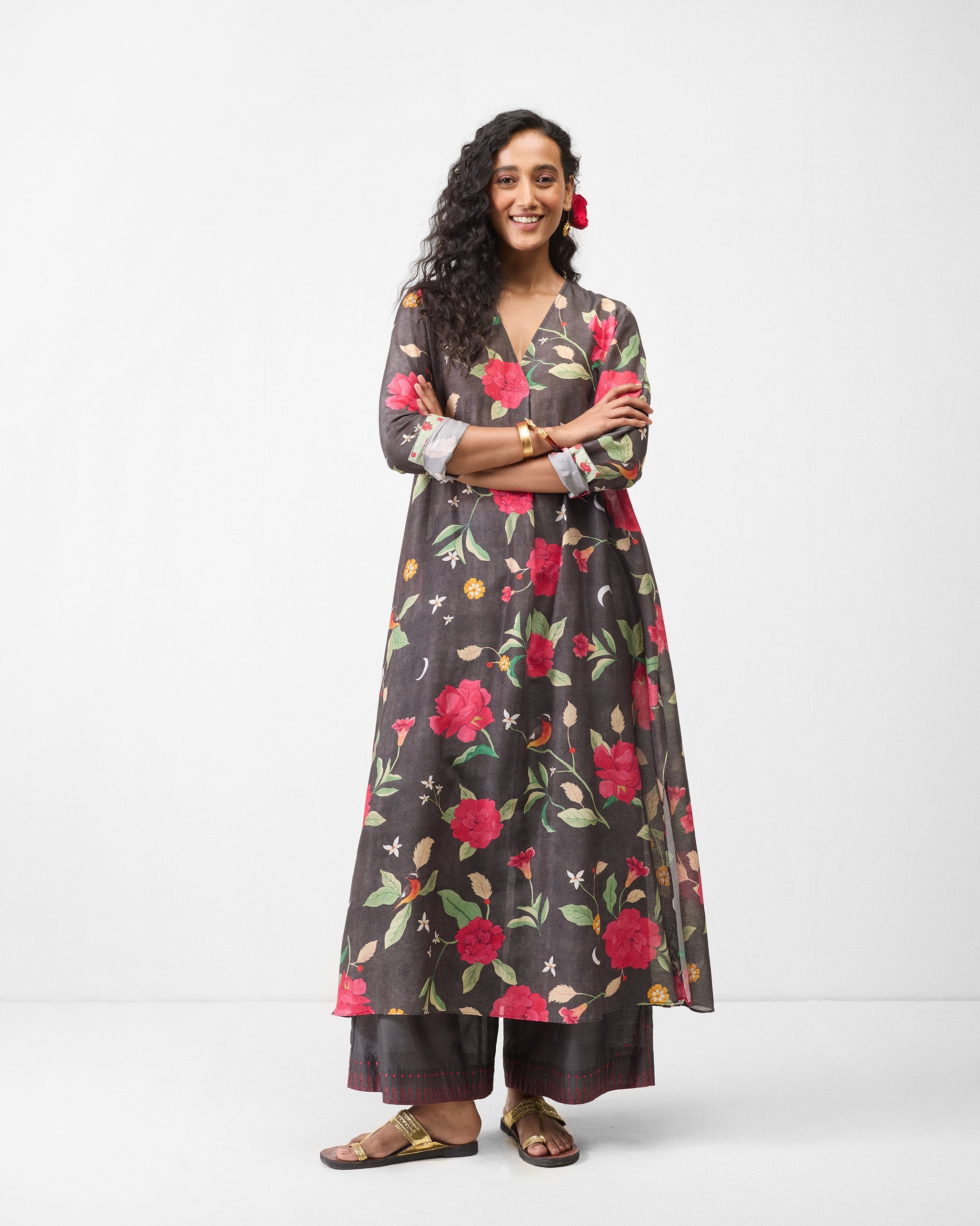 Front Pleated Kurta - Charcoal & Watermelon Print