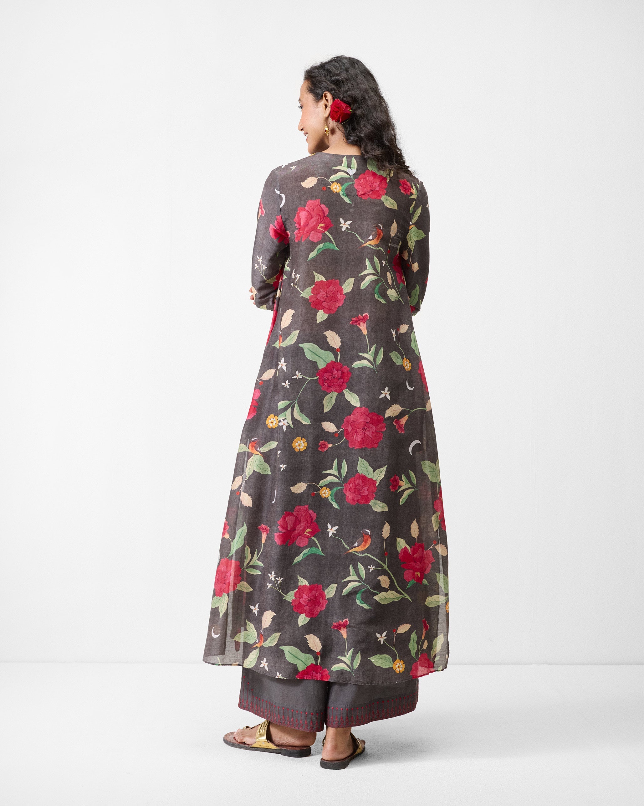 Front Pleated Kurta - Charcoal & Watermelon Print