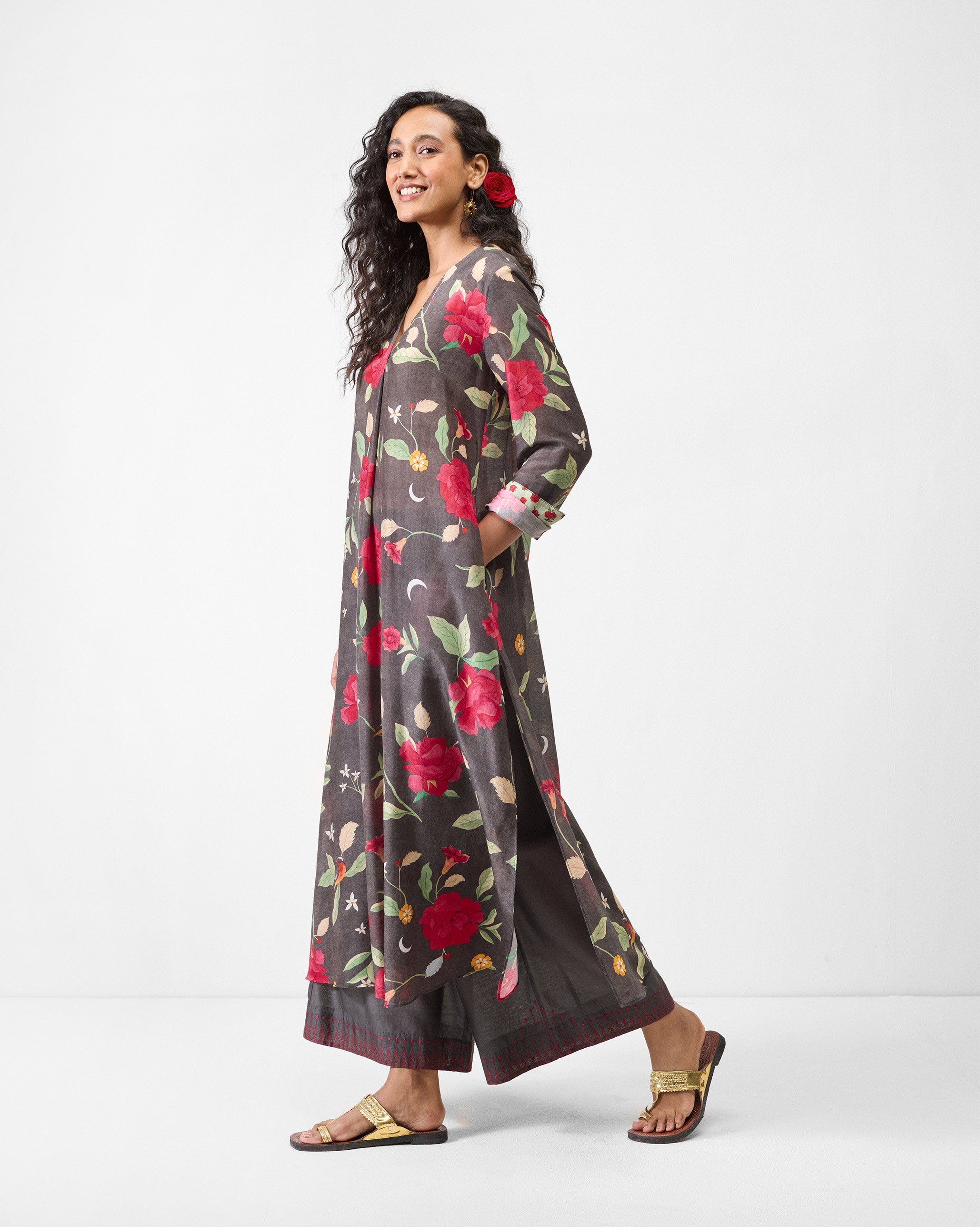 Front Pleated Kurta - Charcoal & Watermelon Print