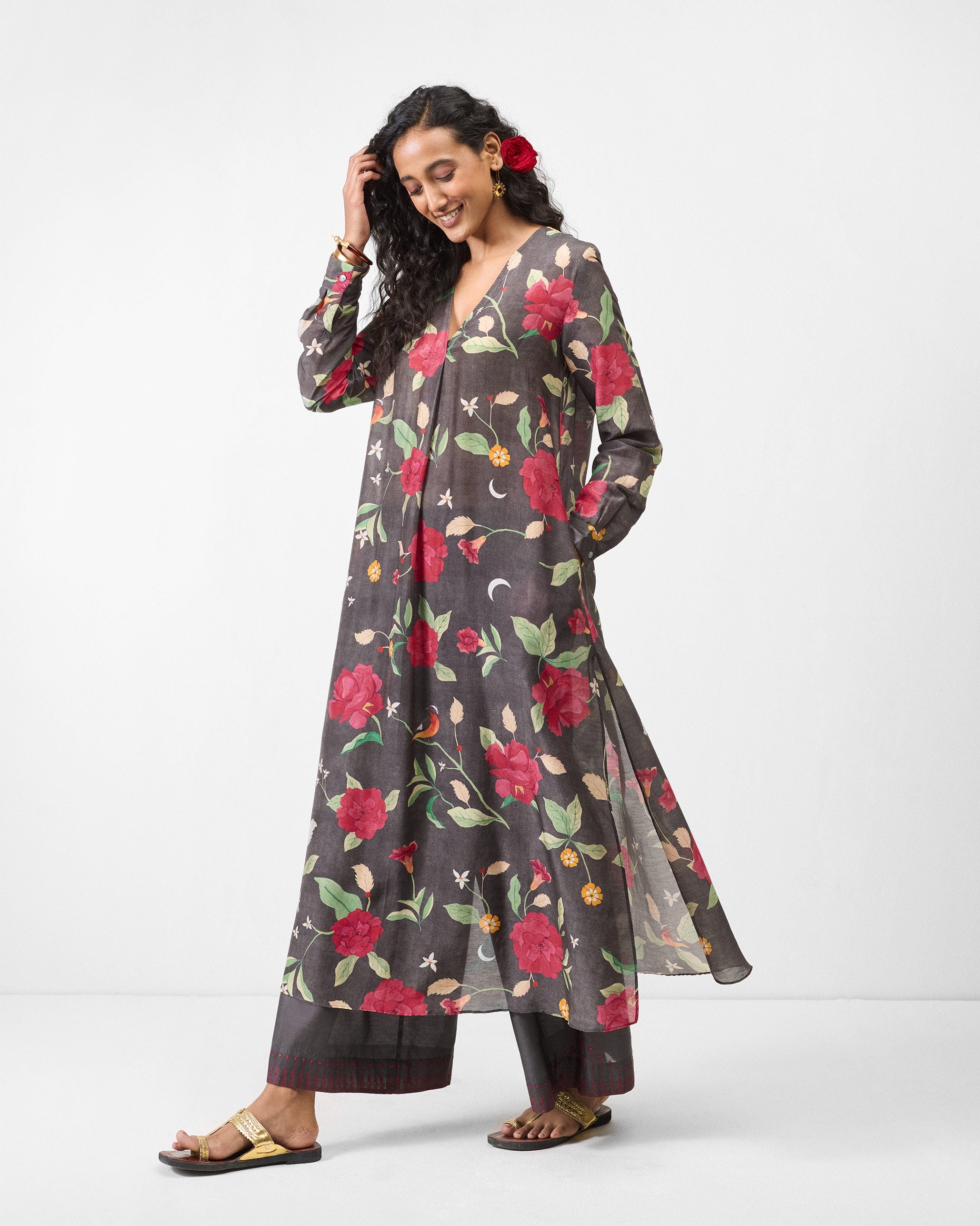 Front Pleated Kurta - Charcoal & Watermelon Print