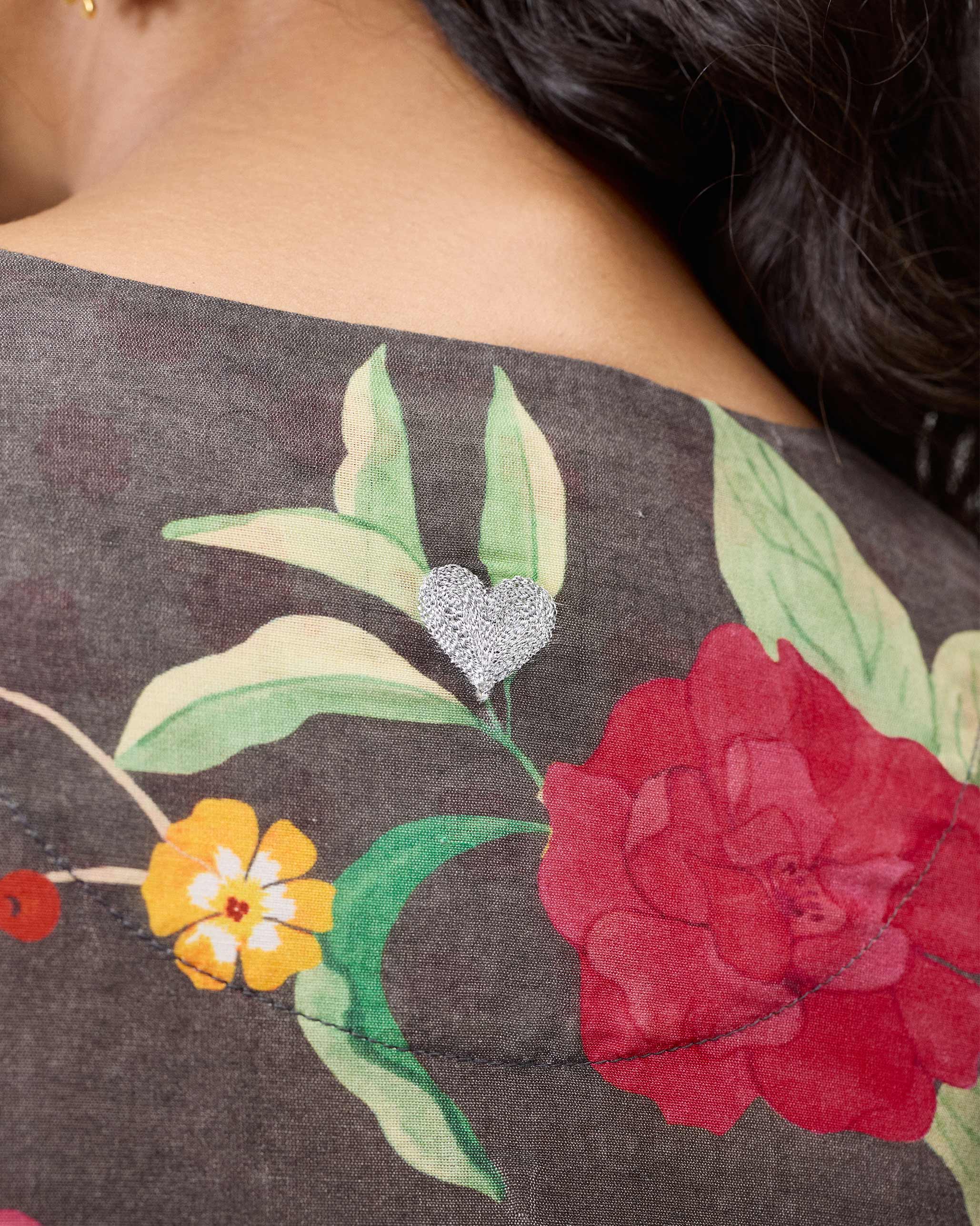 Front Pleated Kurta - Charcoal & Watermelon Print