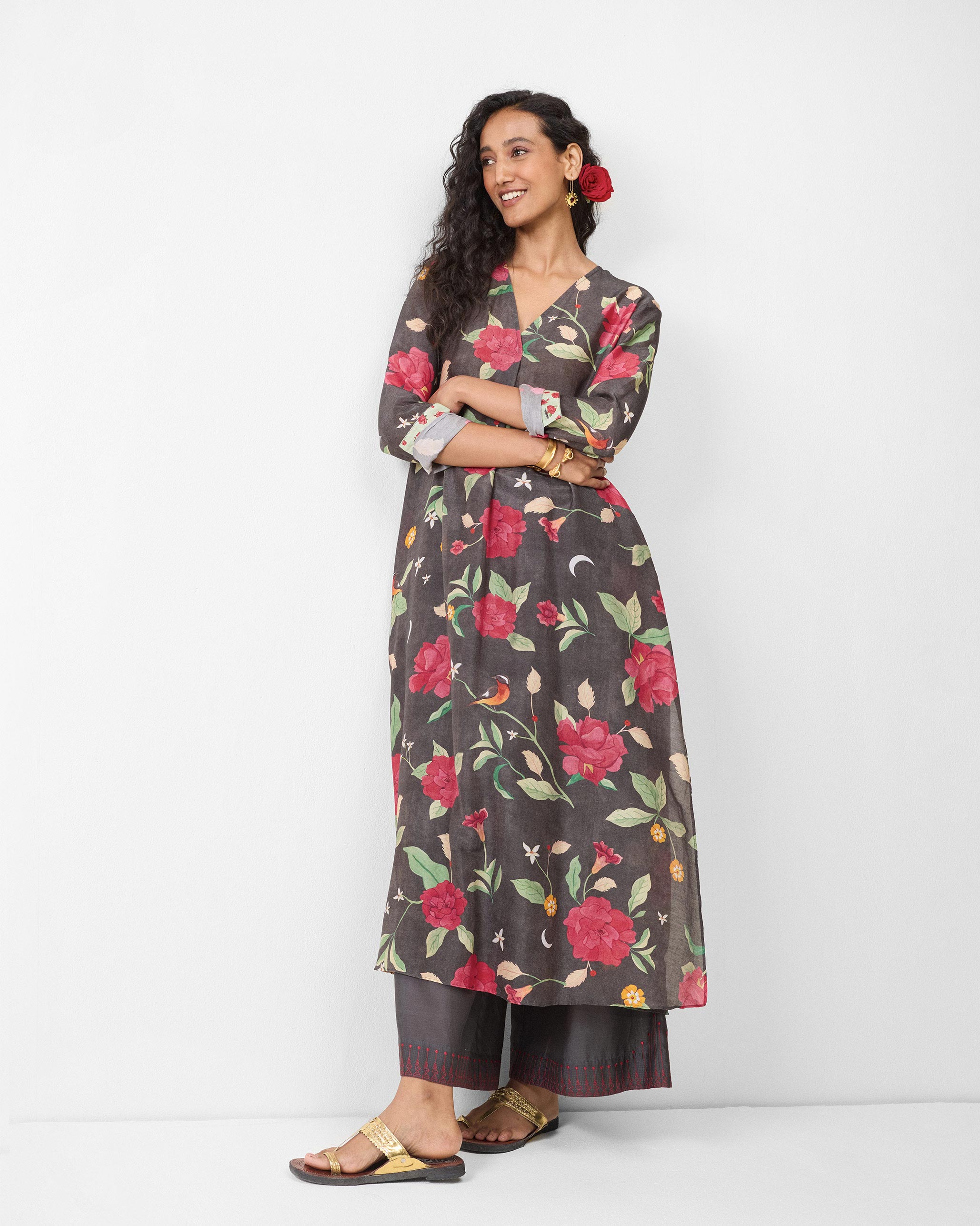 Front Pleated Kurta - Charcoal & Watermelon Print