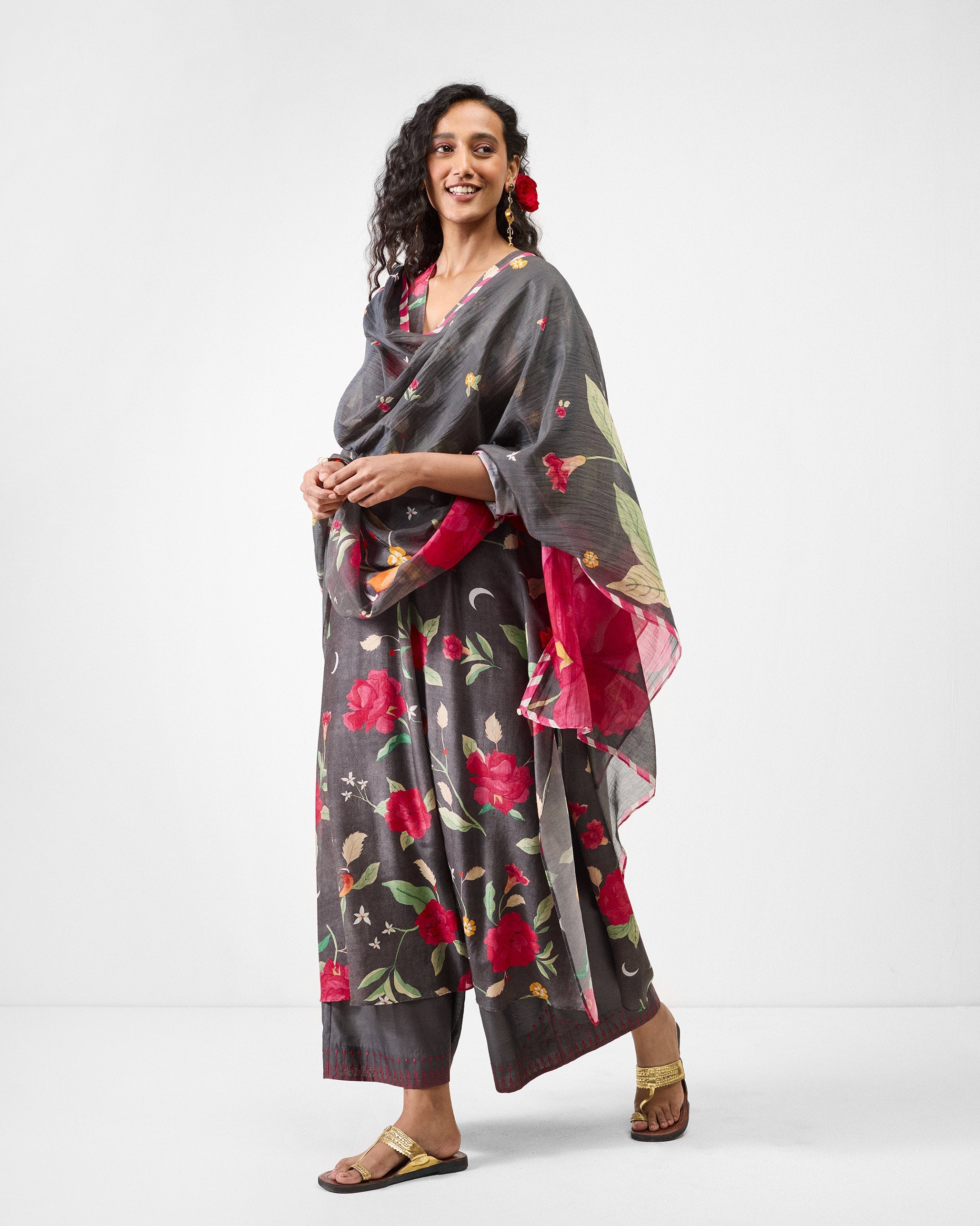 Front Pleated Kurta - Charcoal & Watermelon Print