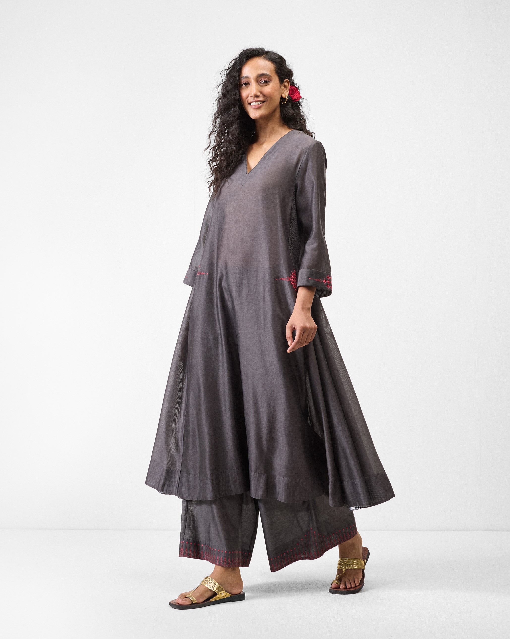Lama Smocked Kurta - Charcoal & Watermelon Embroidered