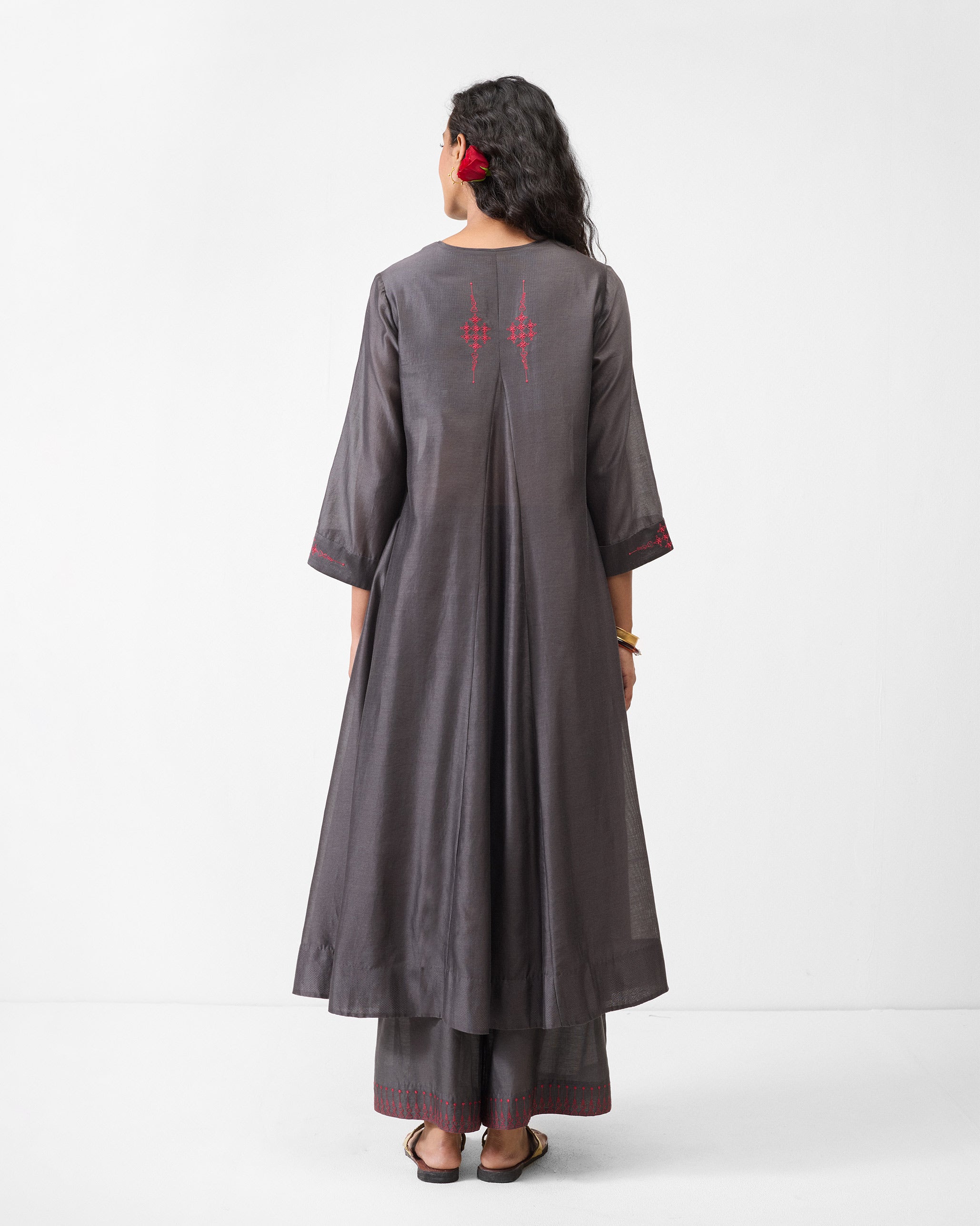 Lama Smocked Kurta - Charcoal & Watermelon Embroidered