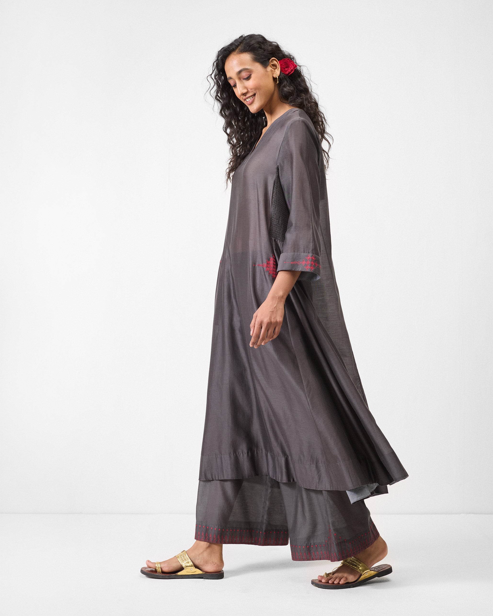 Lama Smocked Kurta - Charcoal & Watermelon Embroidered