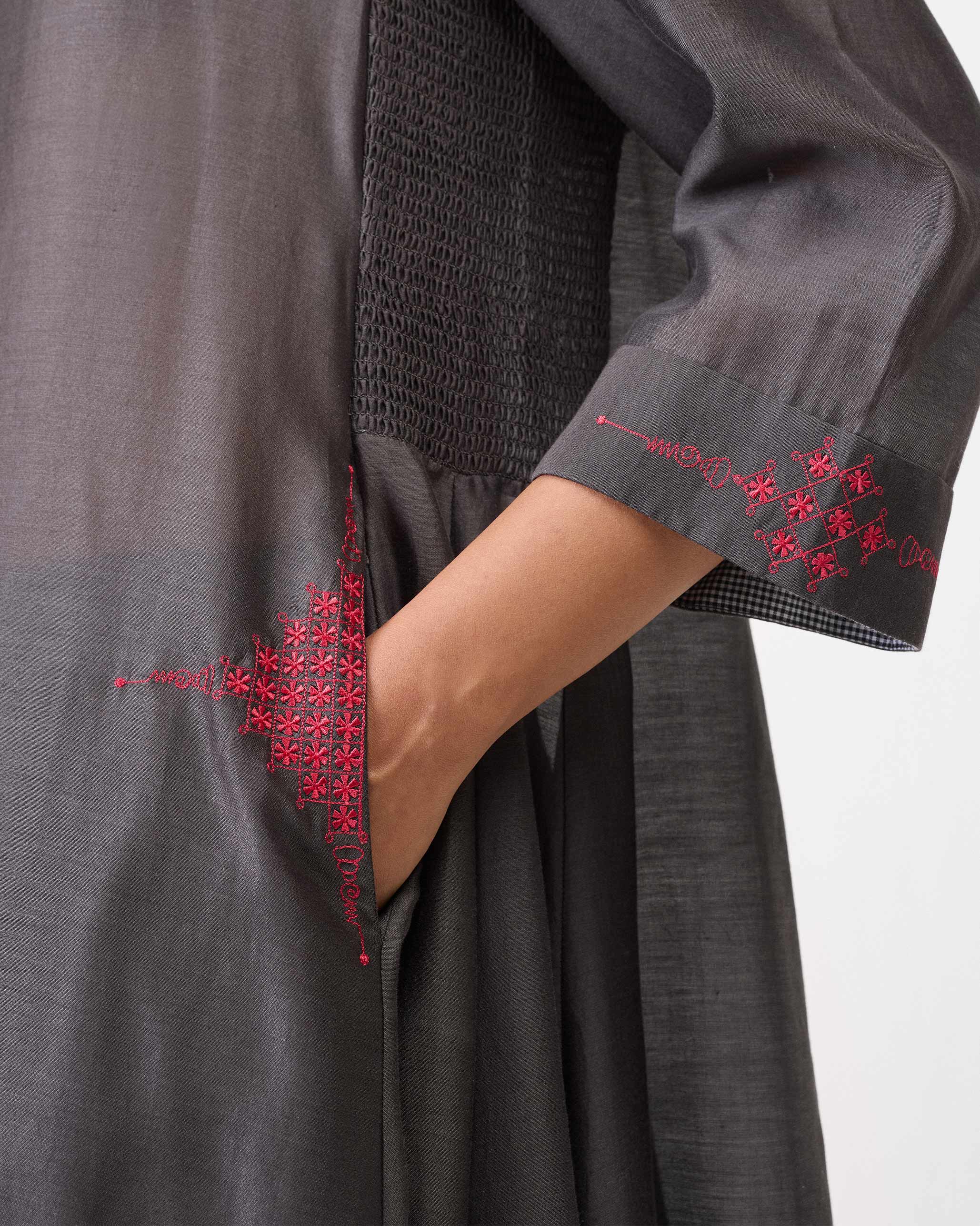 Lama Smocked Kurta - Charcoal & Watermelon Embroidered
