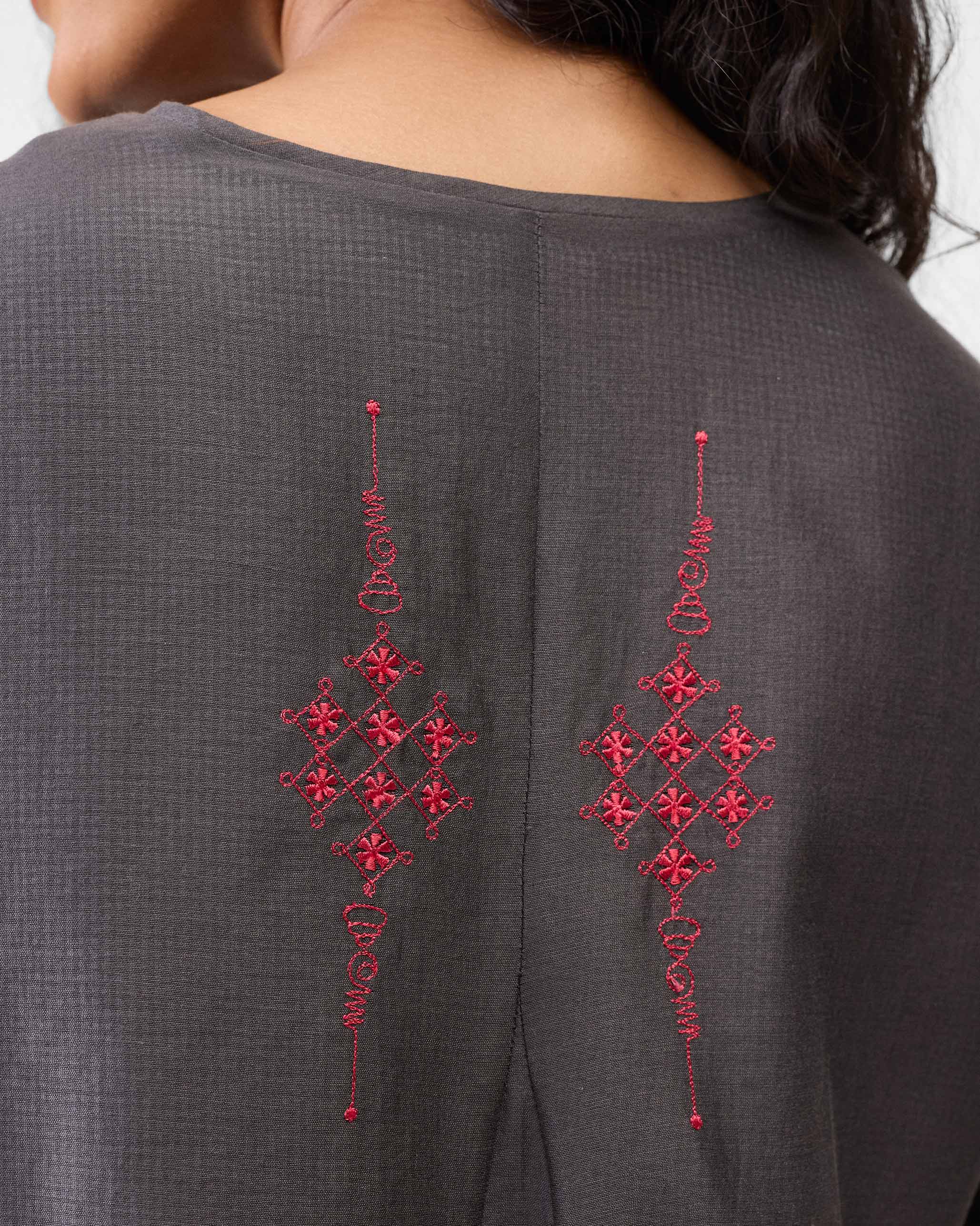 Lama Smocked Kurta - Charcoal & Watermelon Embroidered