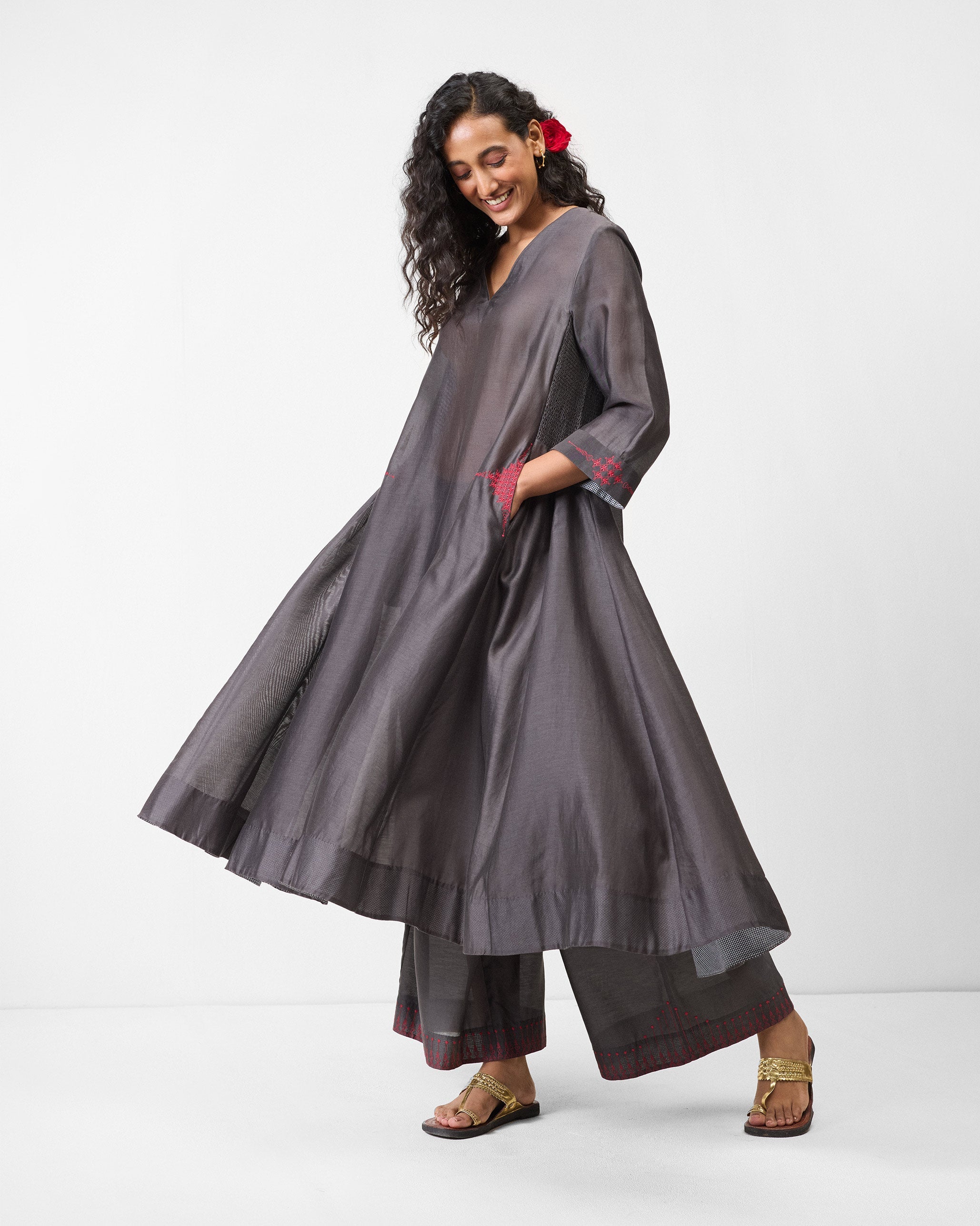 Lama Smocked Kurta - Charcoal & Watermelon Embroidered