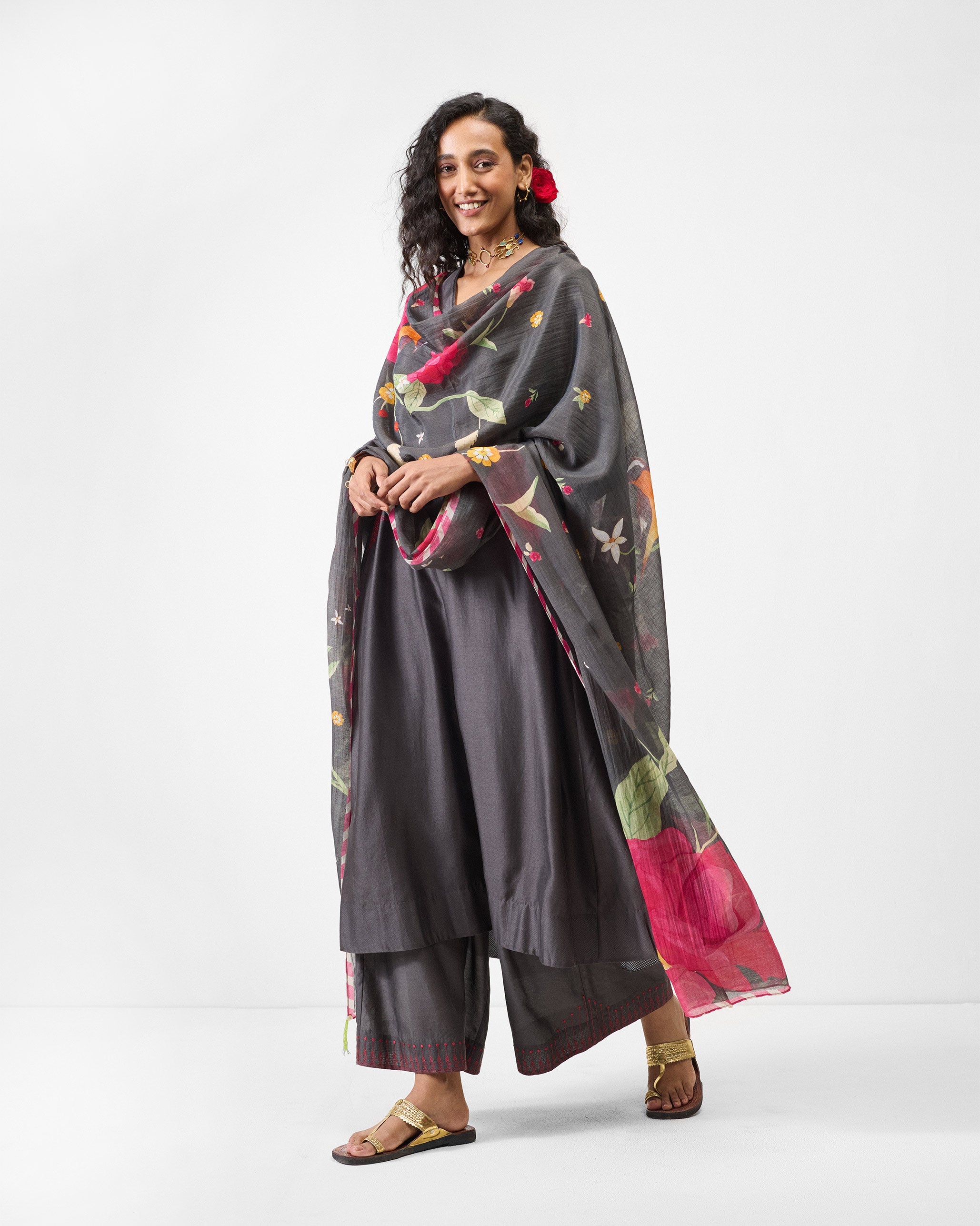 Lama Smocked Kurta - Charcoal & Watermelon Embroidered