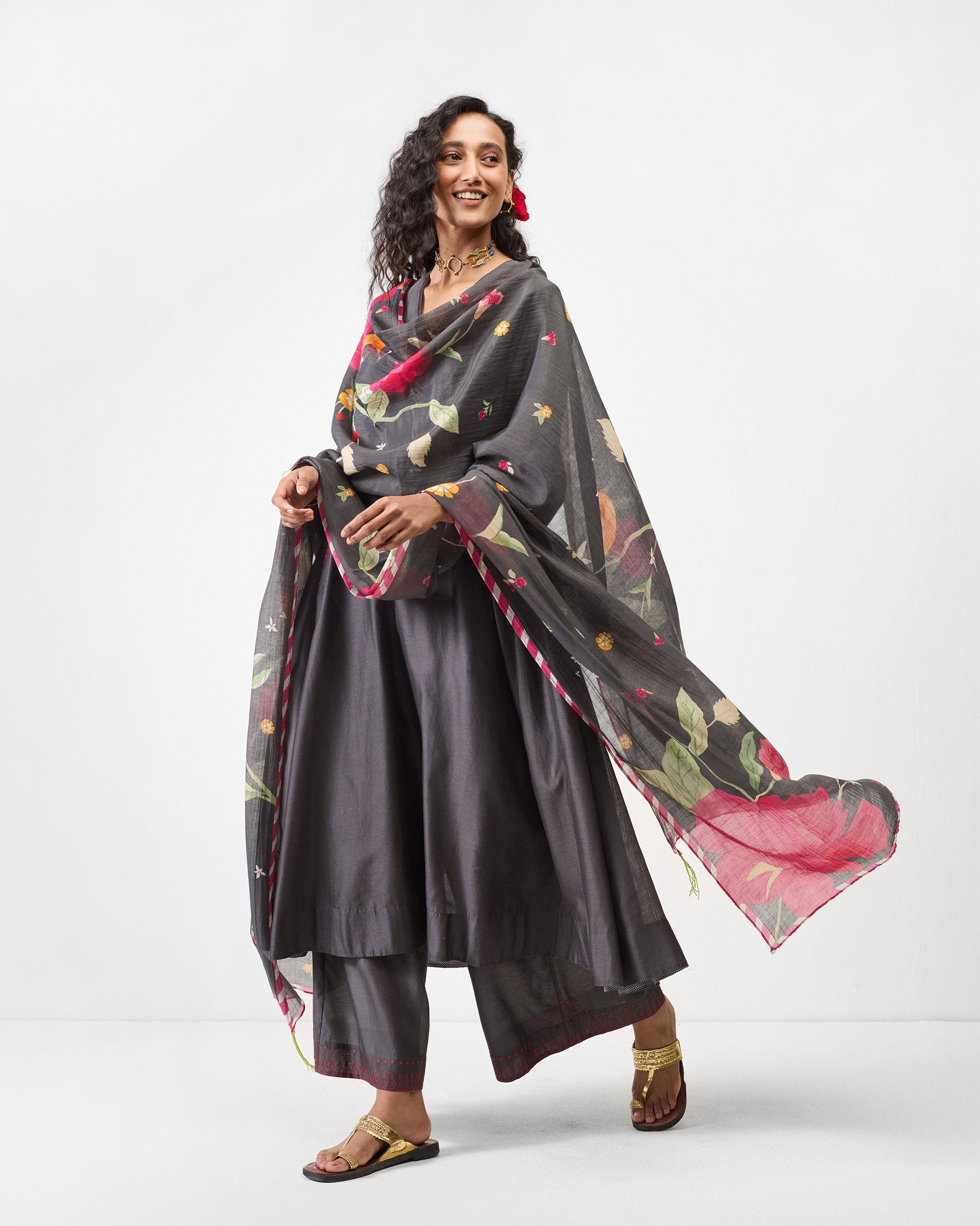 Lama Smocked Kurta - Charcoal & Watermelon Embroidered